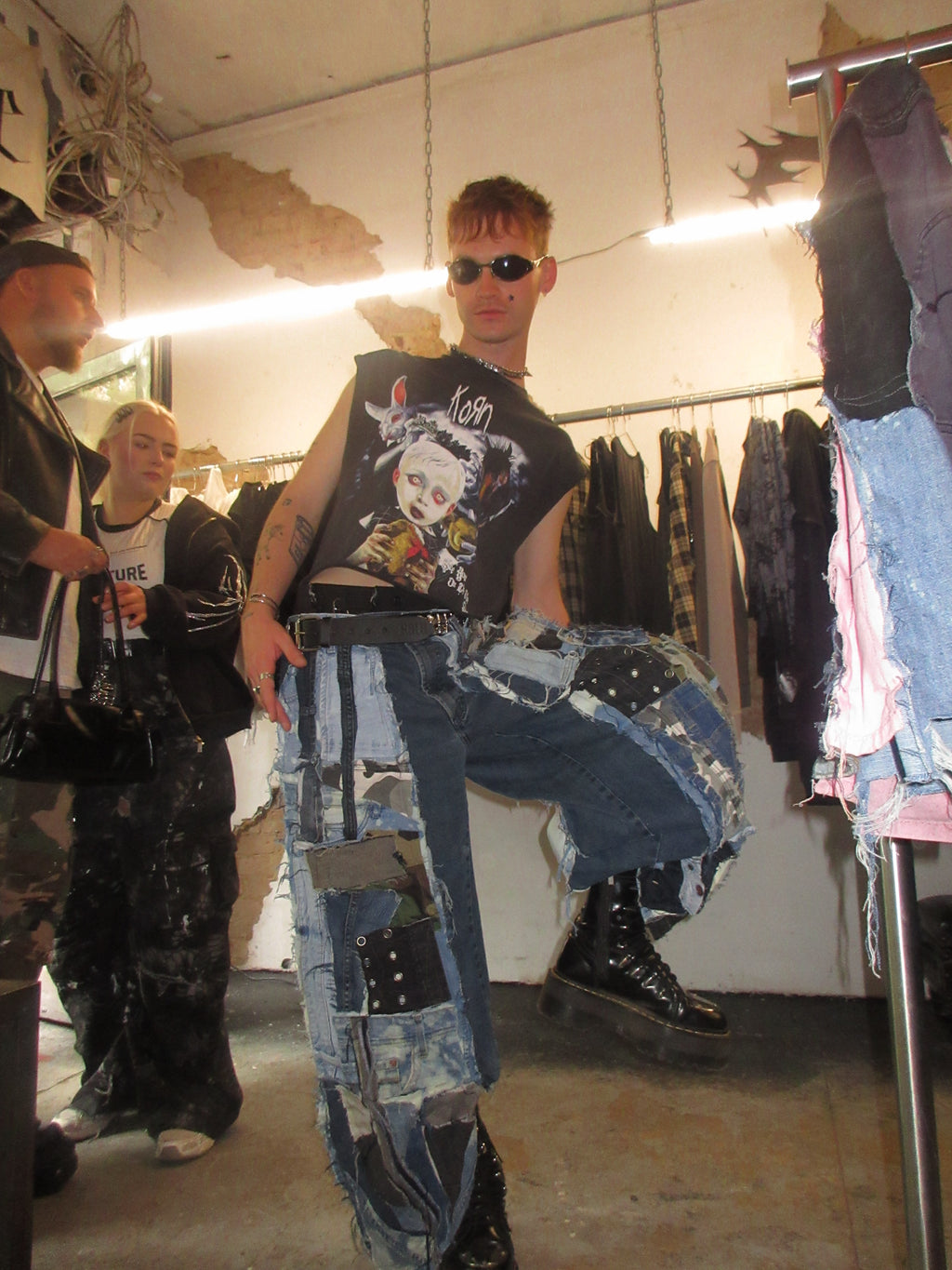 SCRAP-PATCHED DARK DENIM SPG PANTS