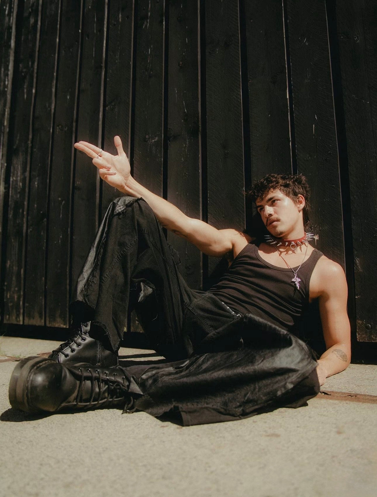 BAGGY BLACK LEATHER/DENIM SPG PANTS