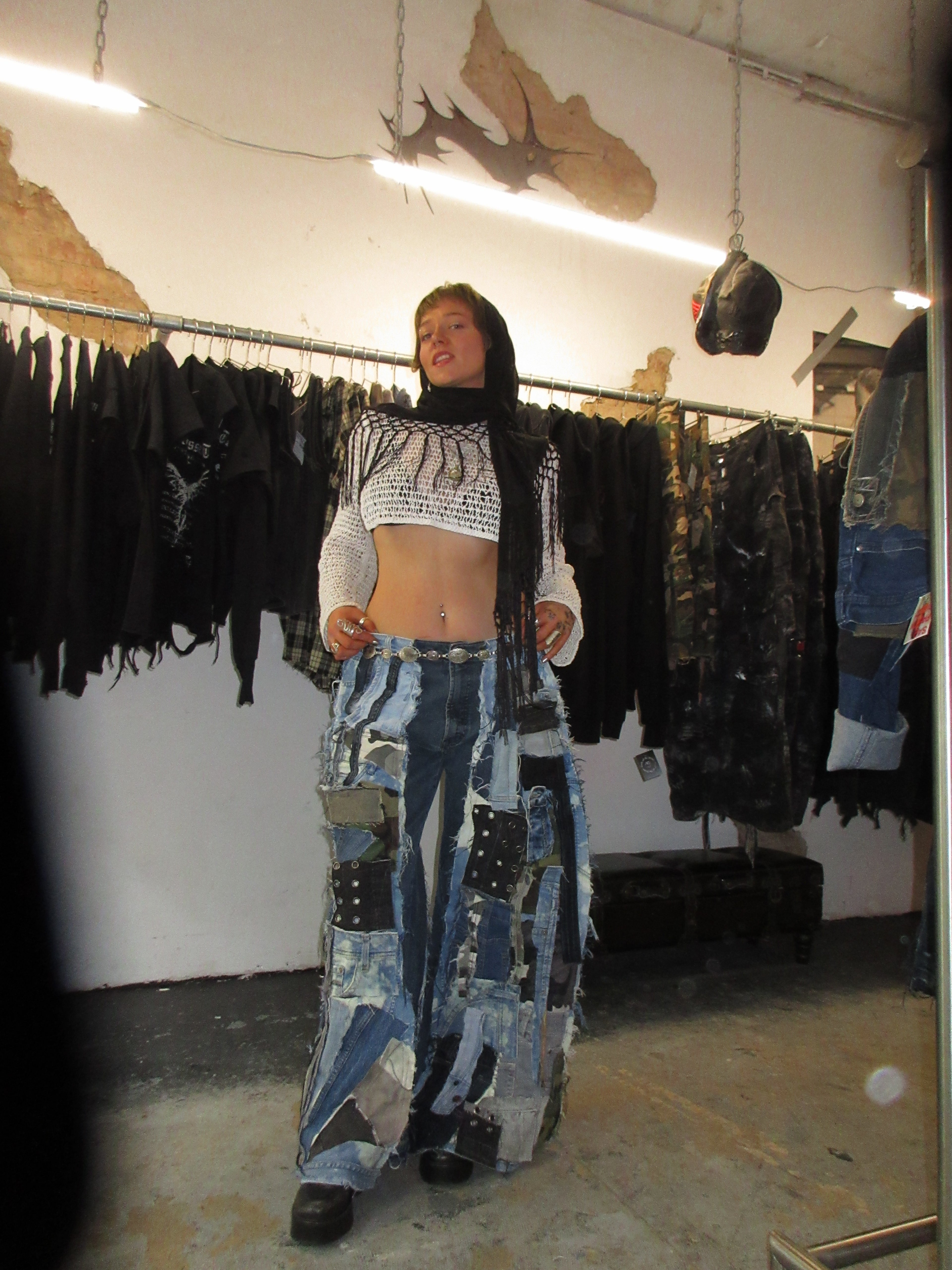SCRAP-PATCHED DARK DENIM SPG PANTS