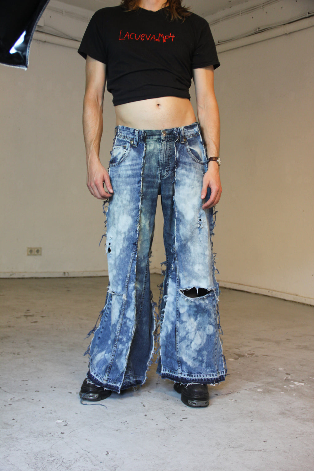 FLARED BLEACHED STAINED DENIM SPG PANTS