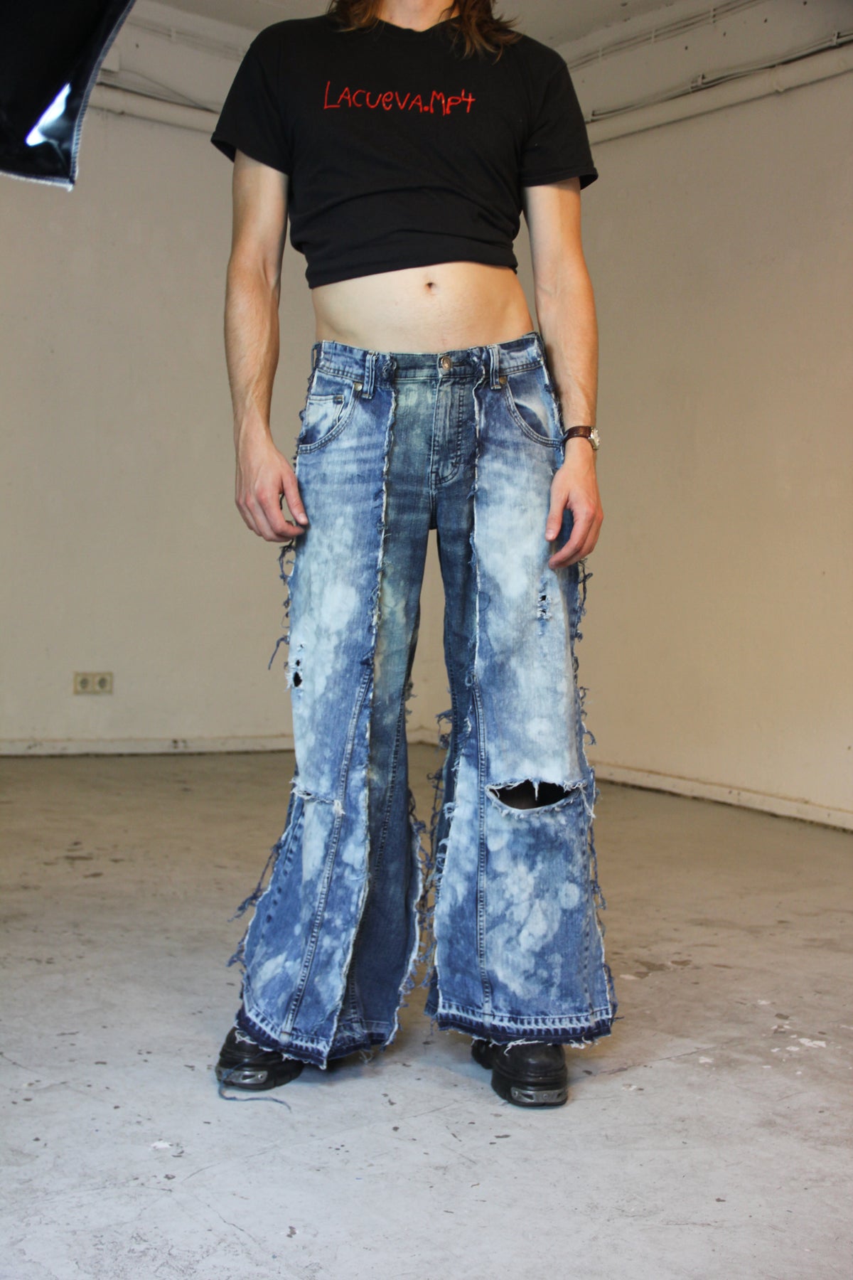 FLARED BLEACHED STAINED DENIM SPG PANTS