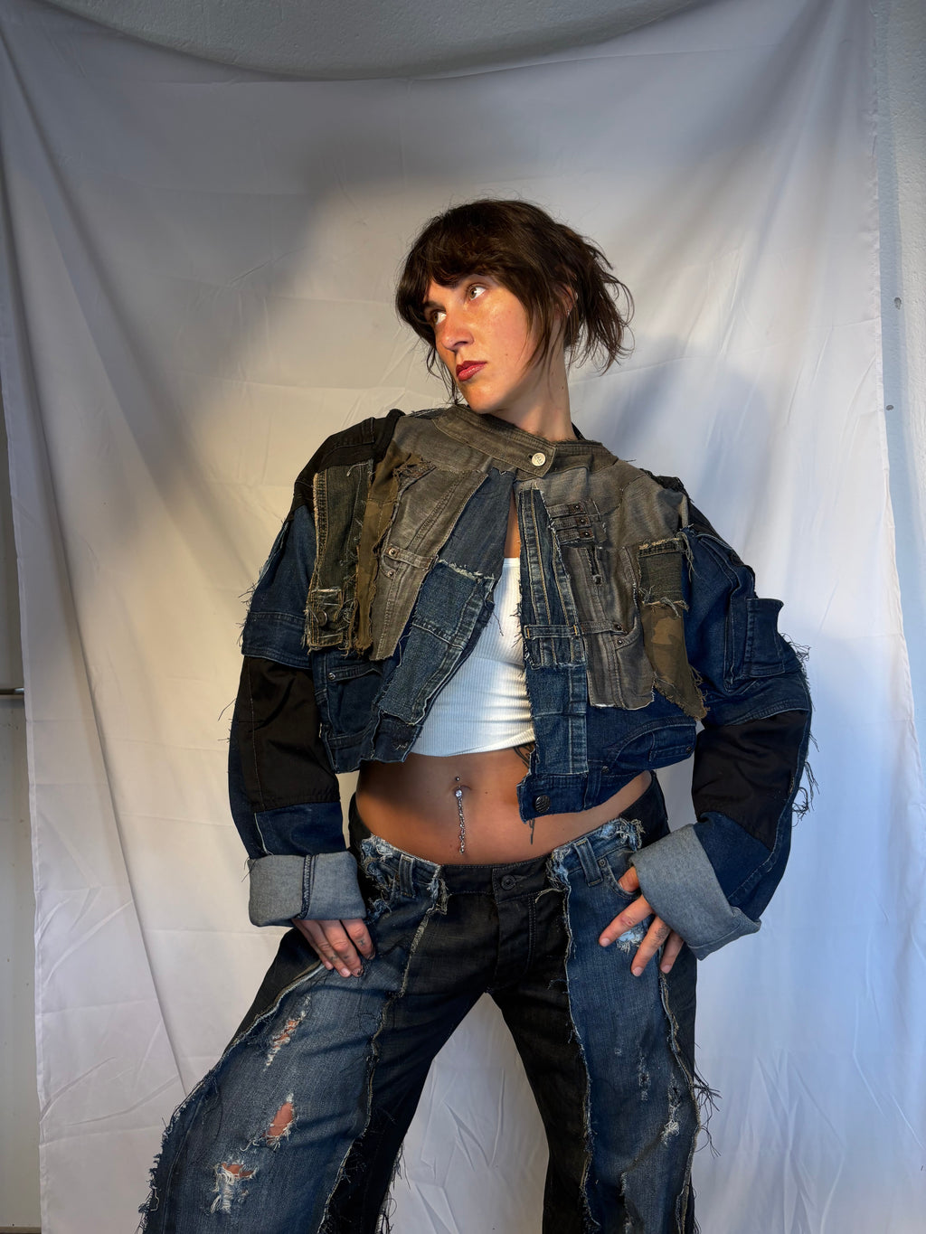 CROPPED BIKER DARK DENIM / BLACK SPG JACKET