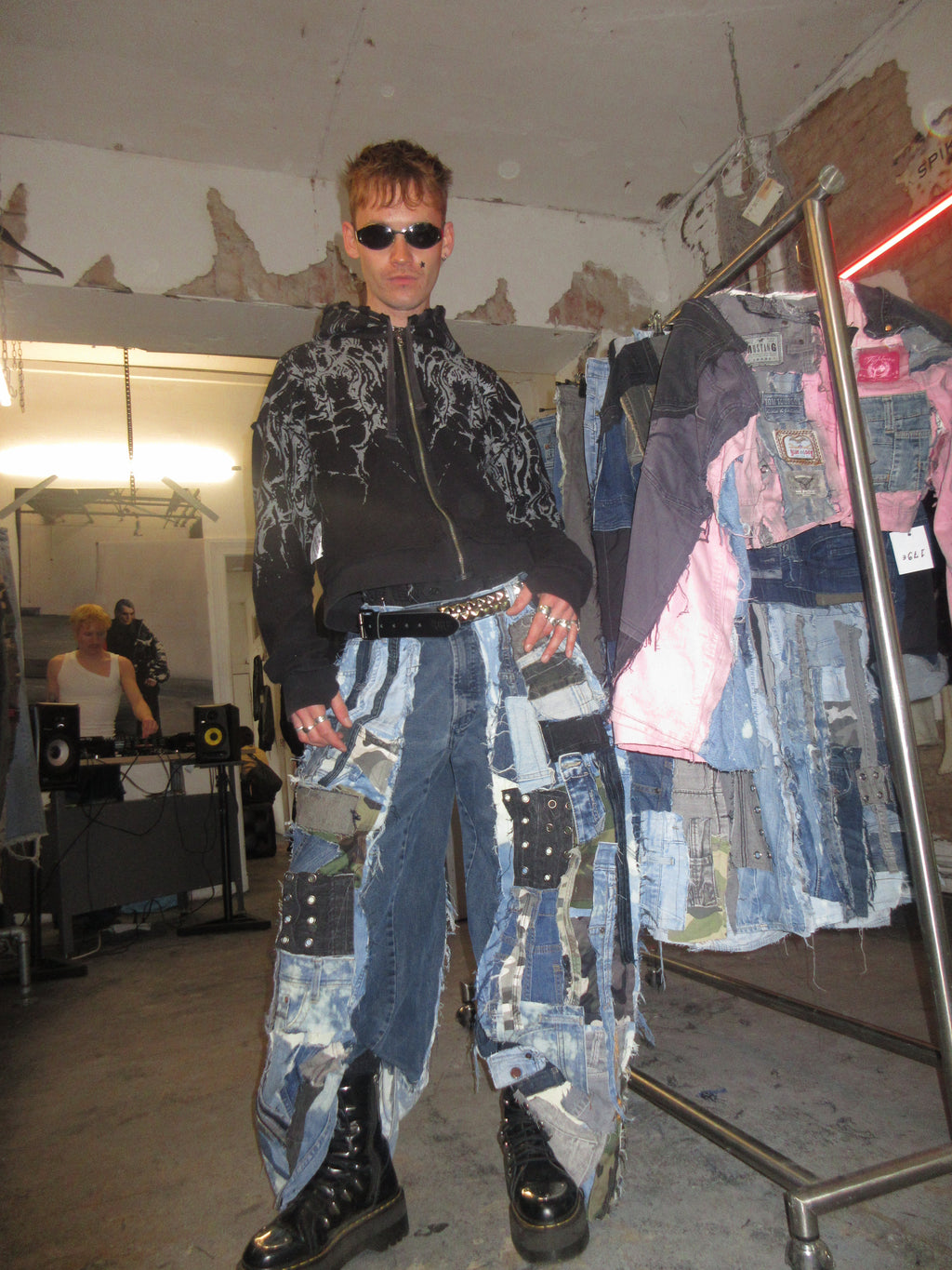 SCRAP-PATCHED DARK DENIM SPG PANTS