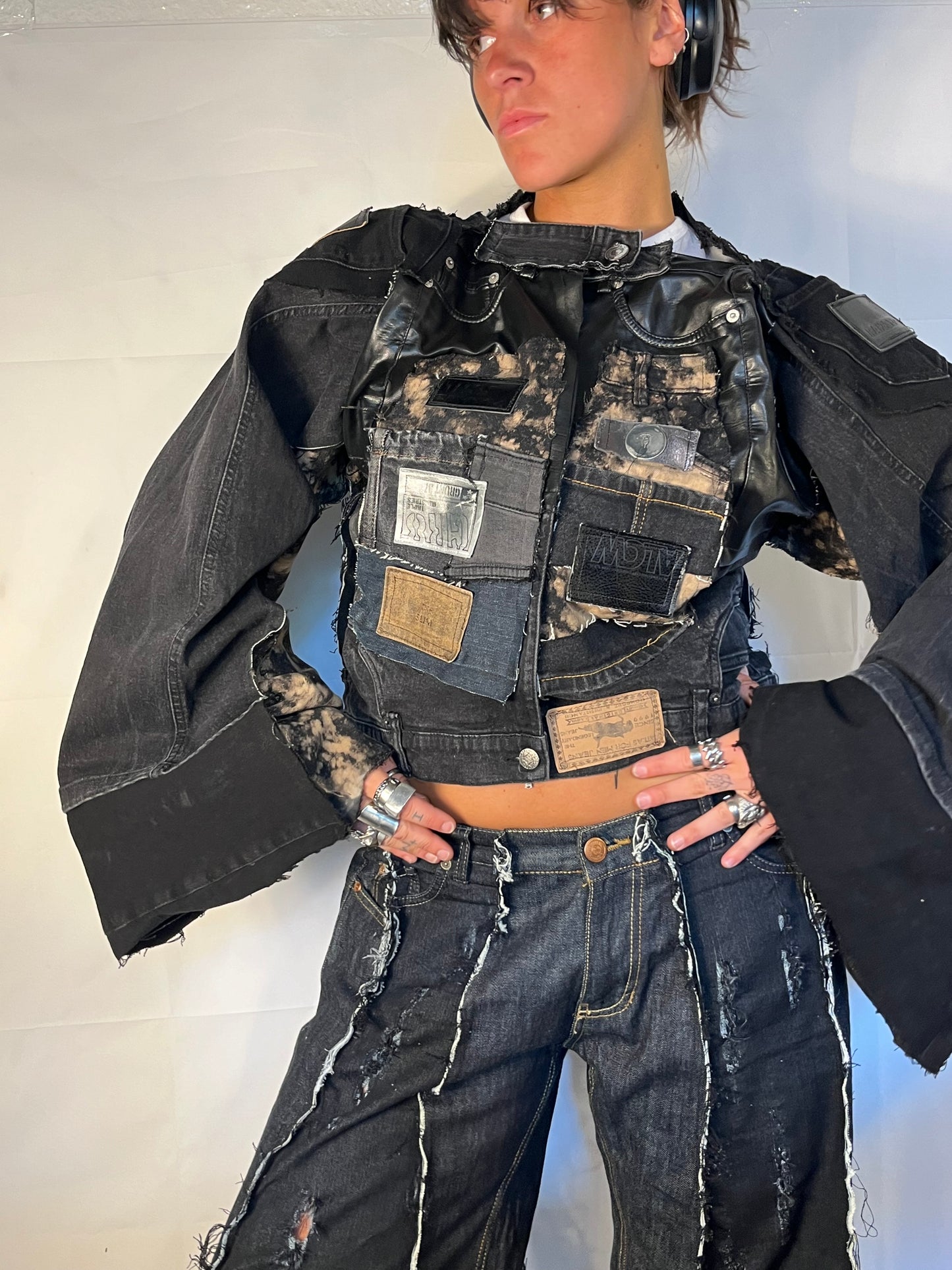 BLACK DENIM BIKER SPG PANTS