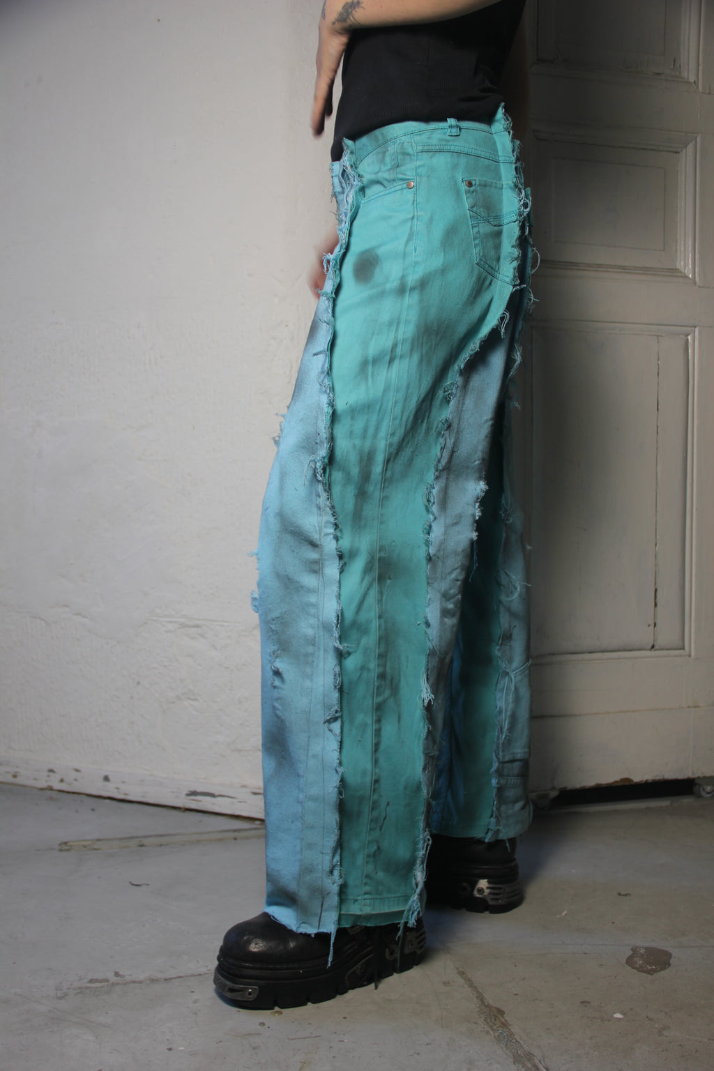 LIMITED EDITION STAINED TURQUOISE BLUE DENIM SPG PANTS