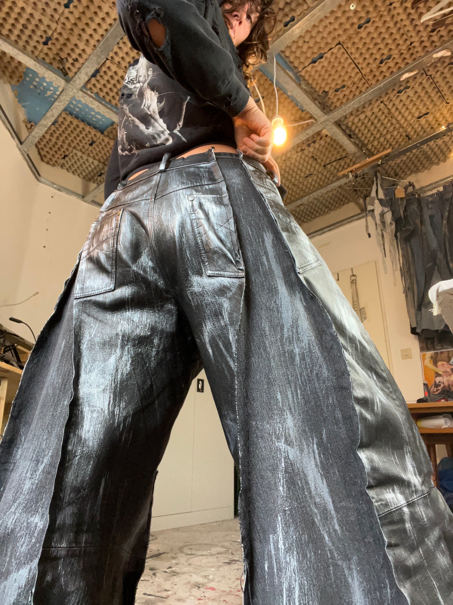 Baggy Black Leather/Denim Silver SPG Pants