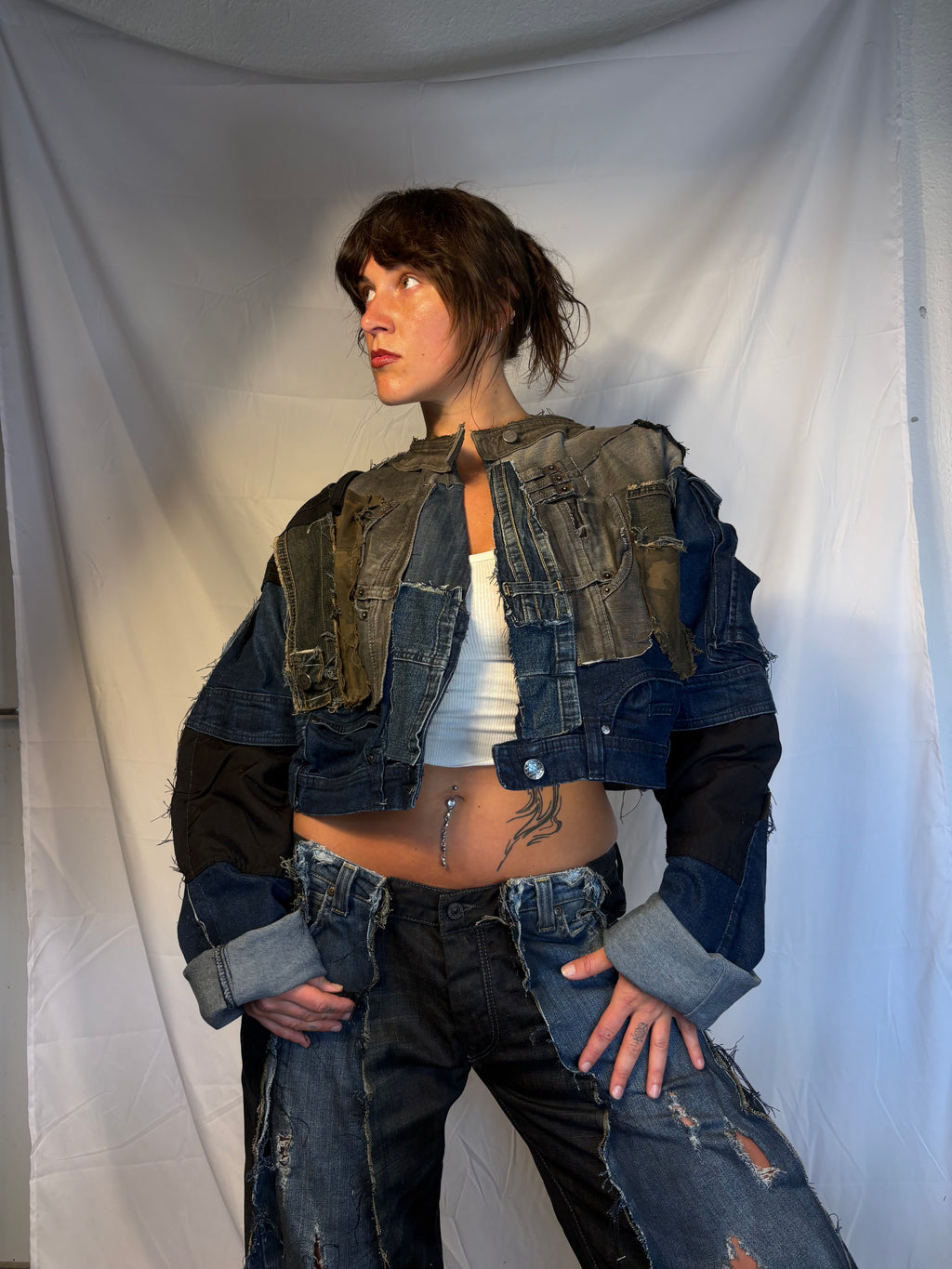 CROPPED BIKER DARK DENIM / BLACK SPG JACKET