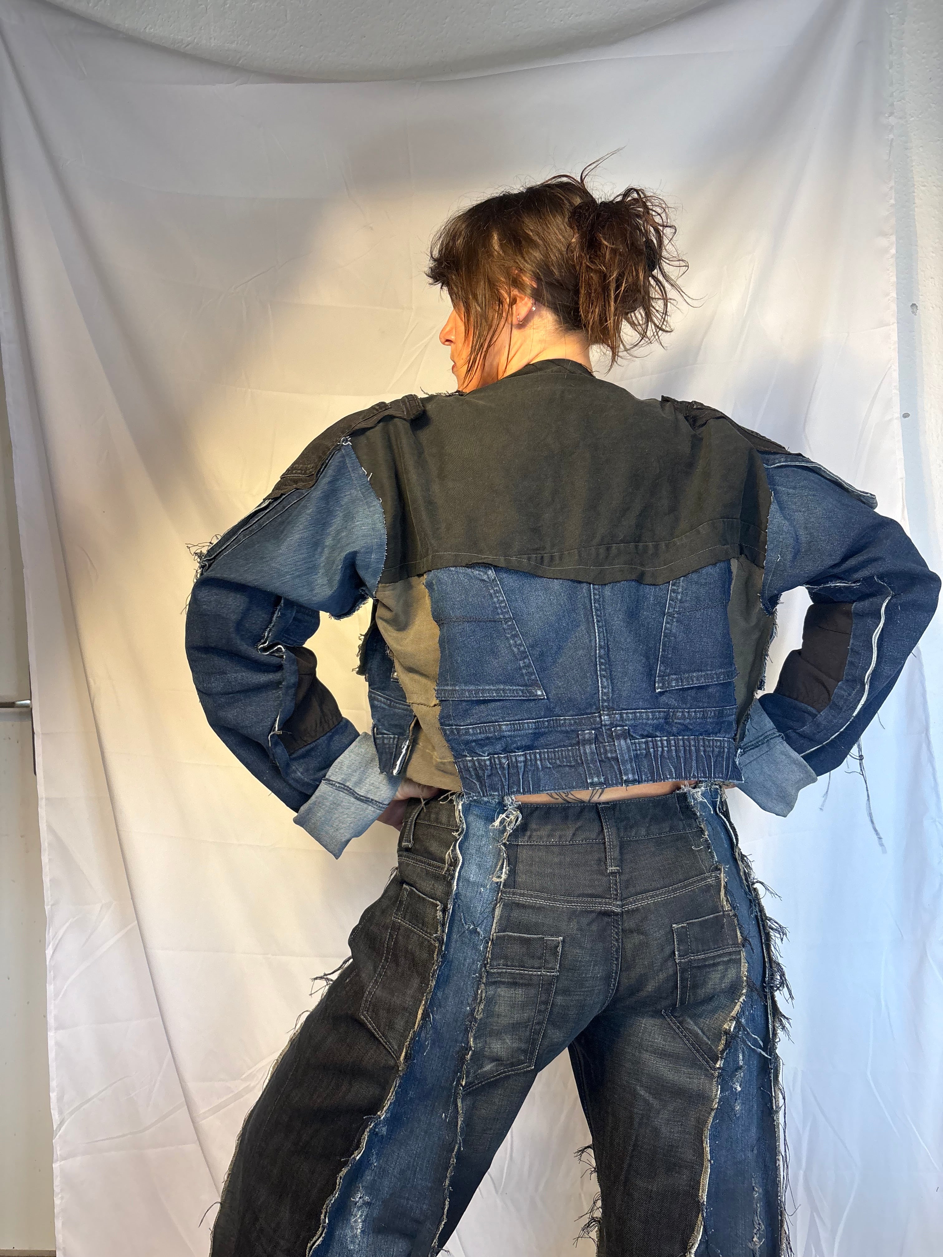 CROPPED BIKER DARK DENIM / BLACK SPG JACKET