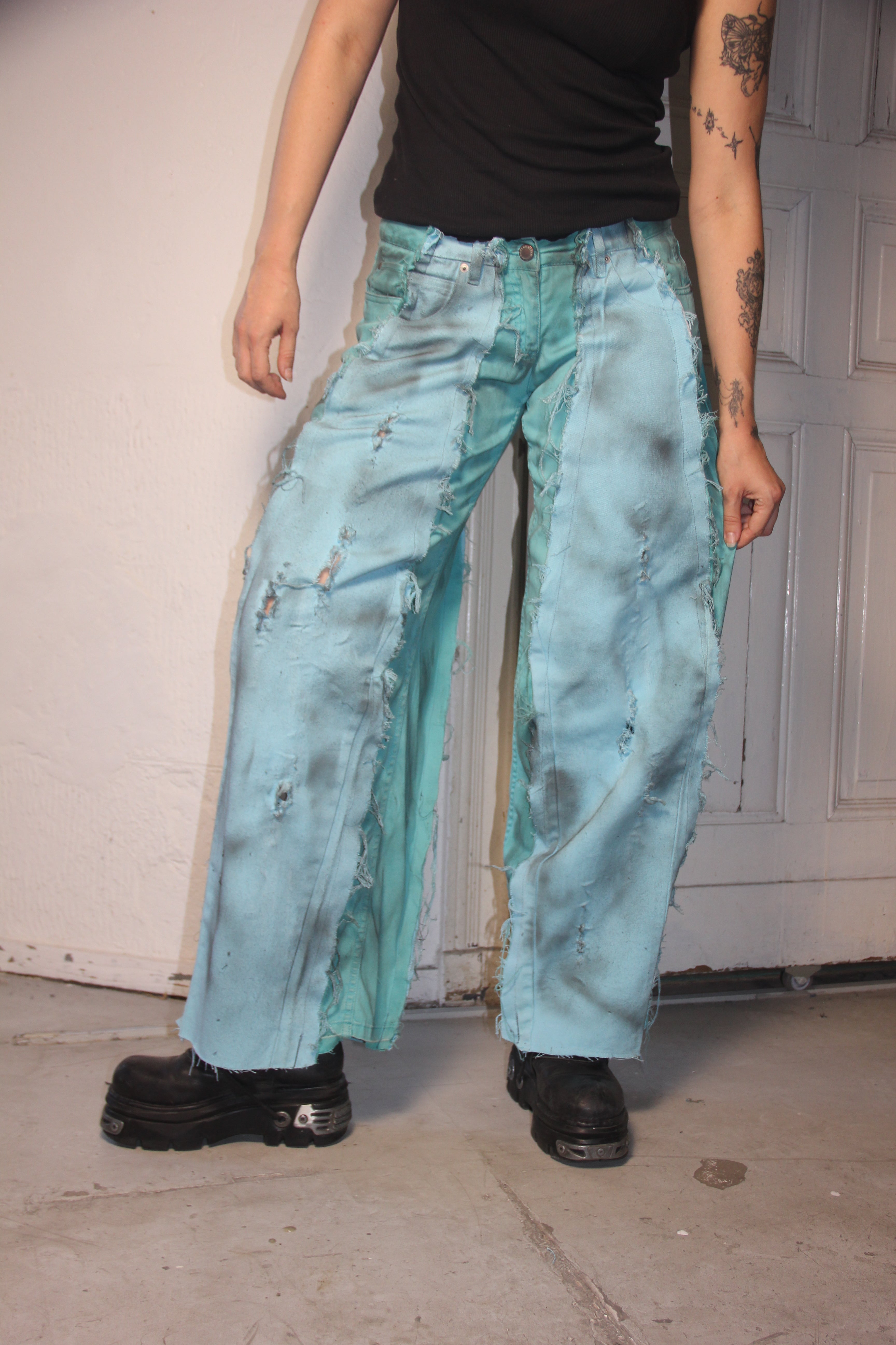 LIMITED EDITION STAINED TURQUOISE BLUE DENIM SPG PANTS