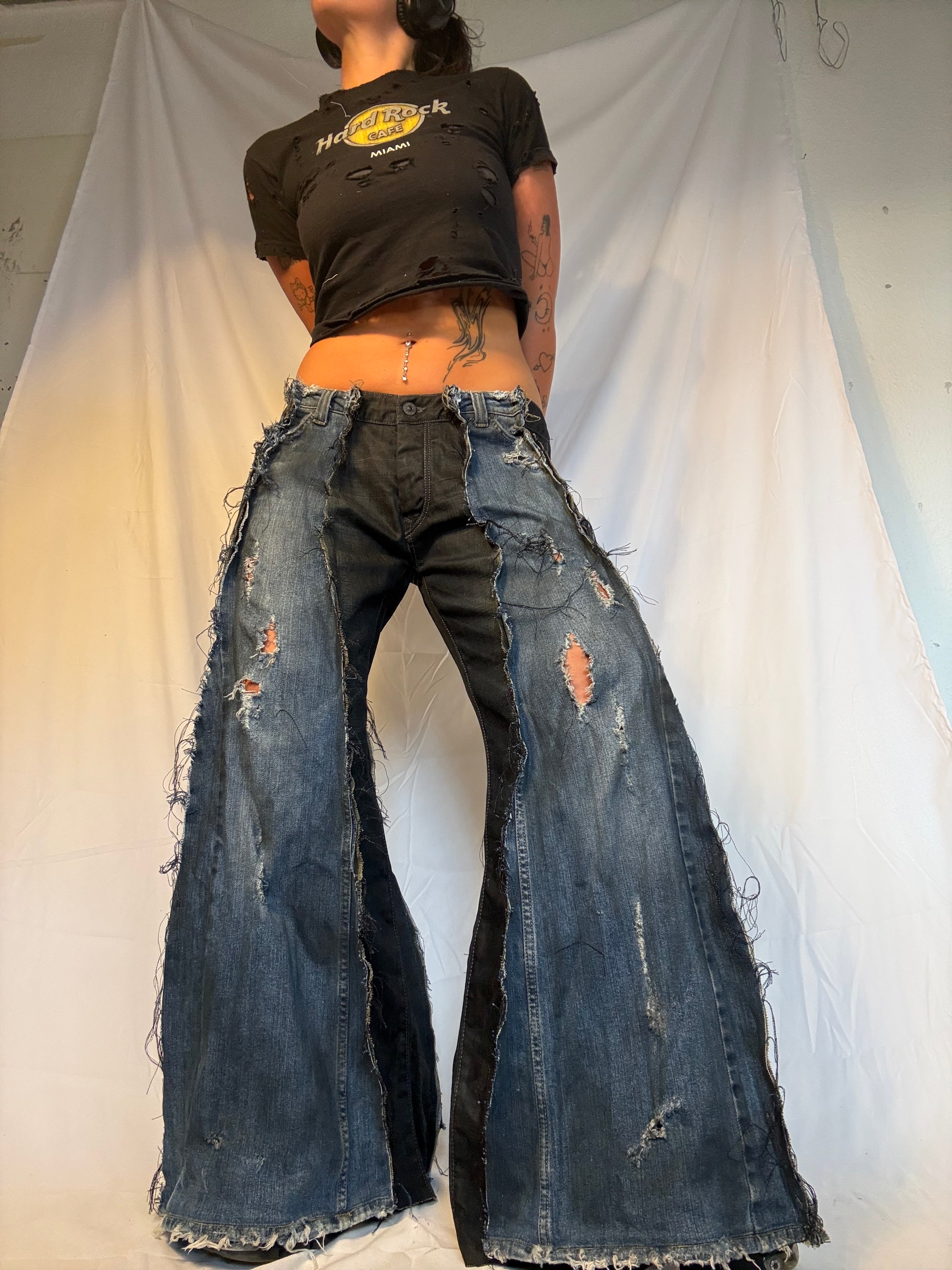 FLARED DISTRESSED DARK DENIM SPG PANTS