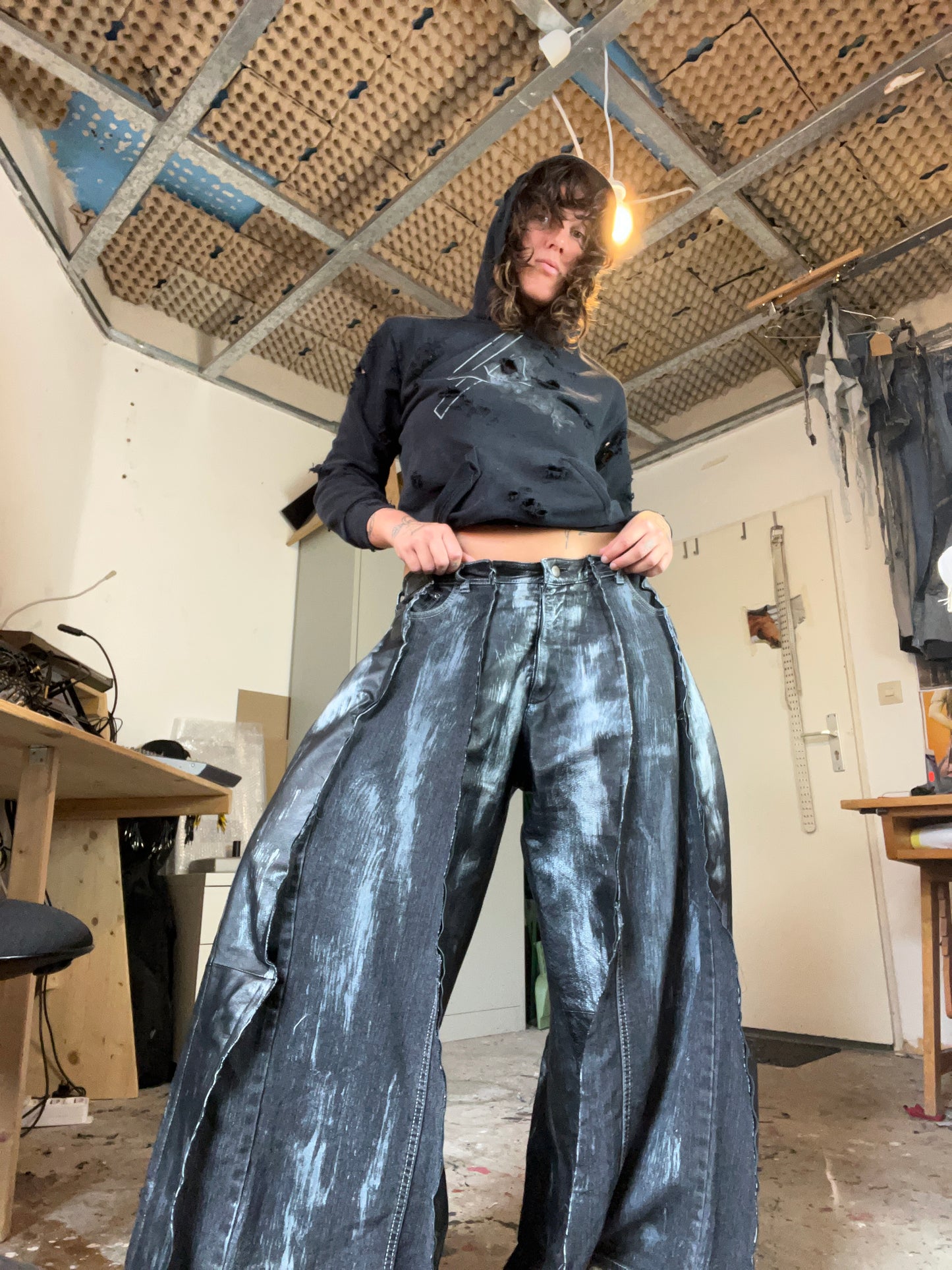 Baggy Black Leather/Denim Silver SPG Pants