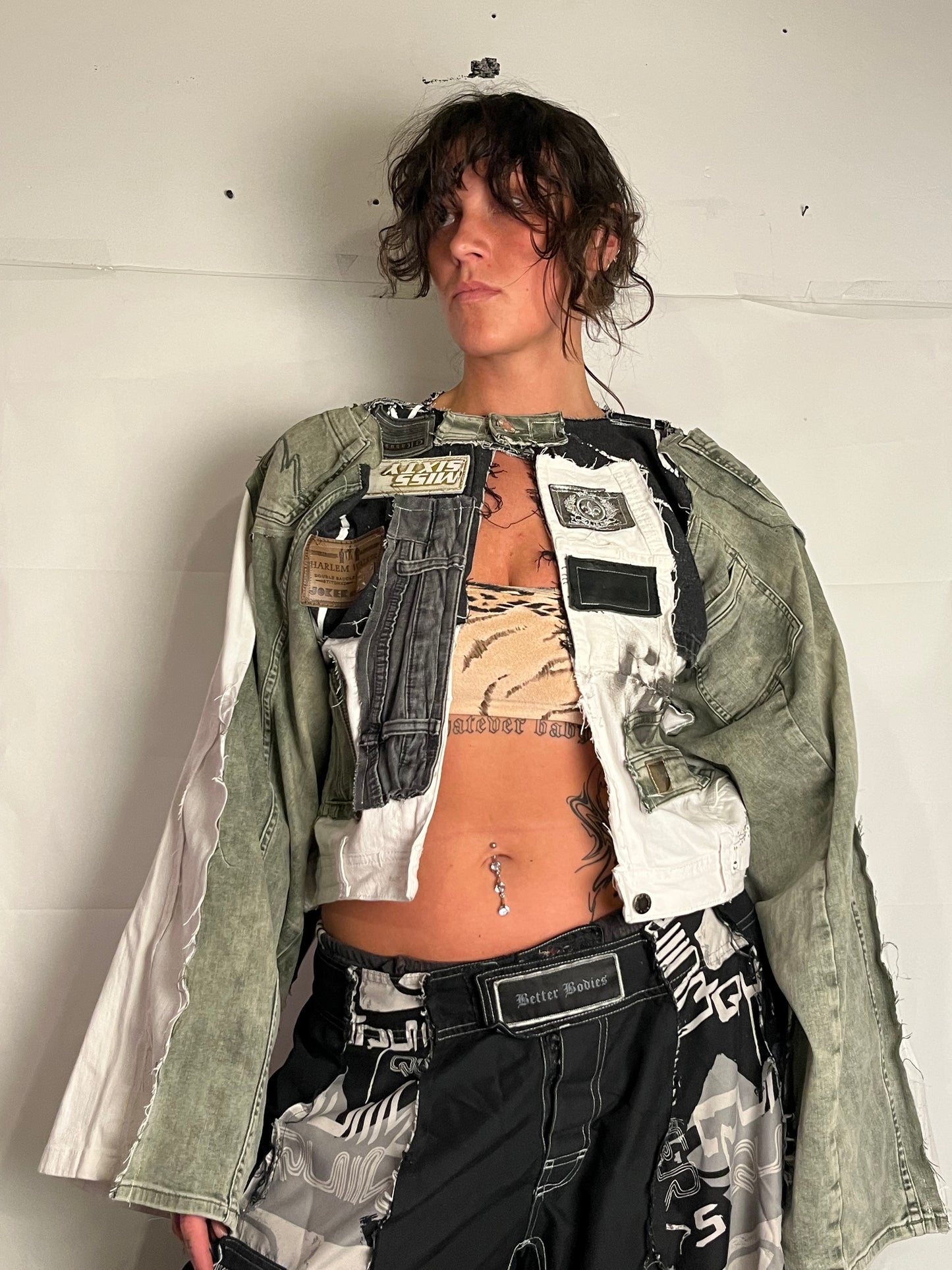 DENIM BIKER SPG JACKET EXTRA DETAILED WHITE/GREEN/BLACK