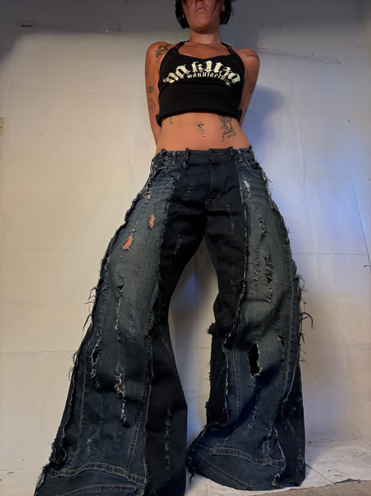 EXTRA LONG BAGGY DISTRESSED DARK DENIM SPG PANTS