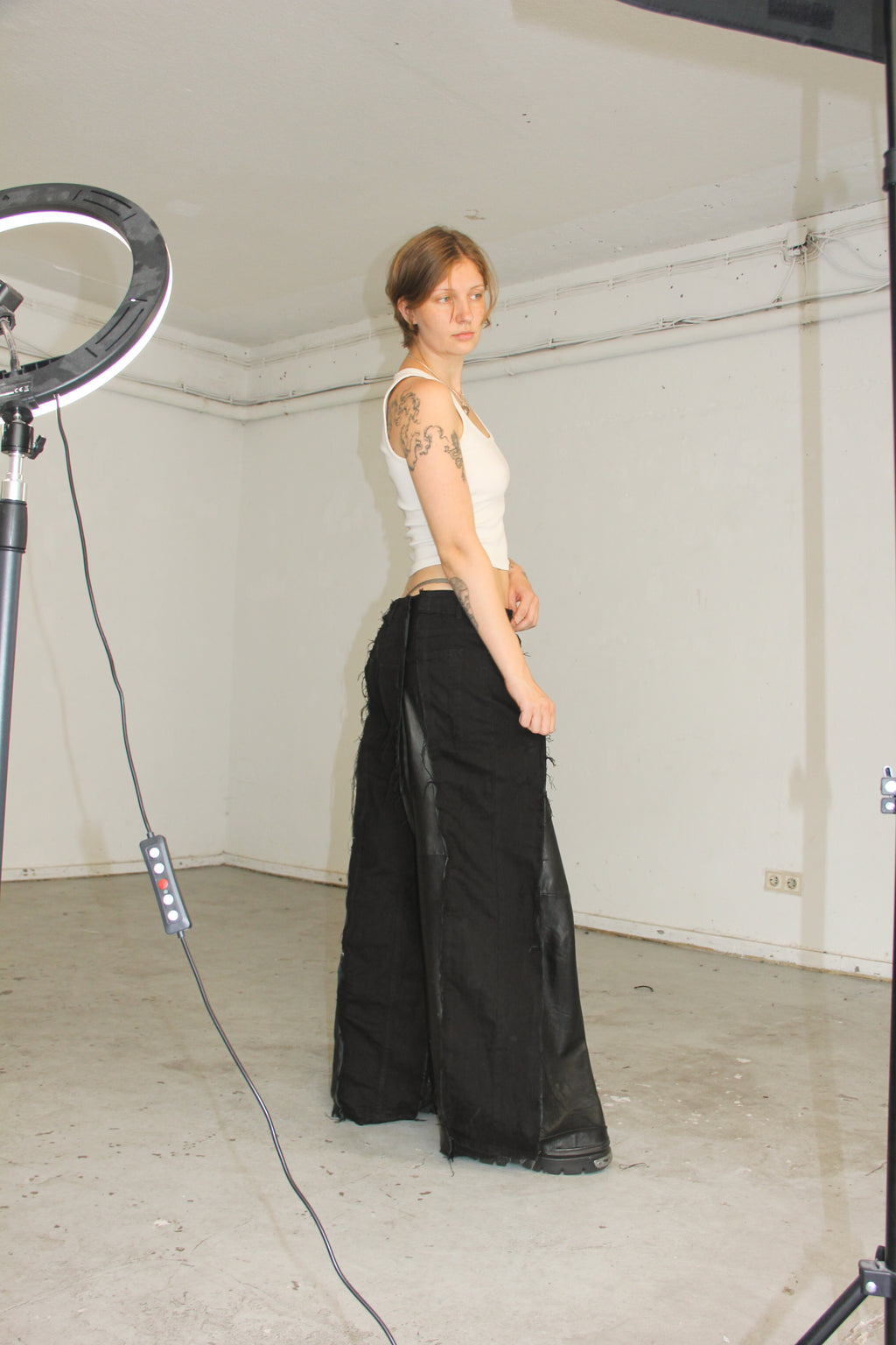 BAGGY BLACK LEATHER/DENIM SPG PANTS