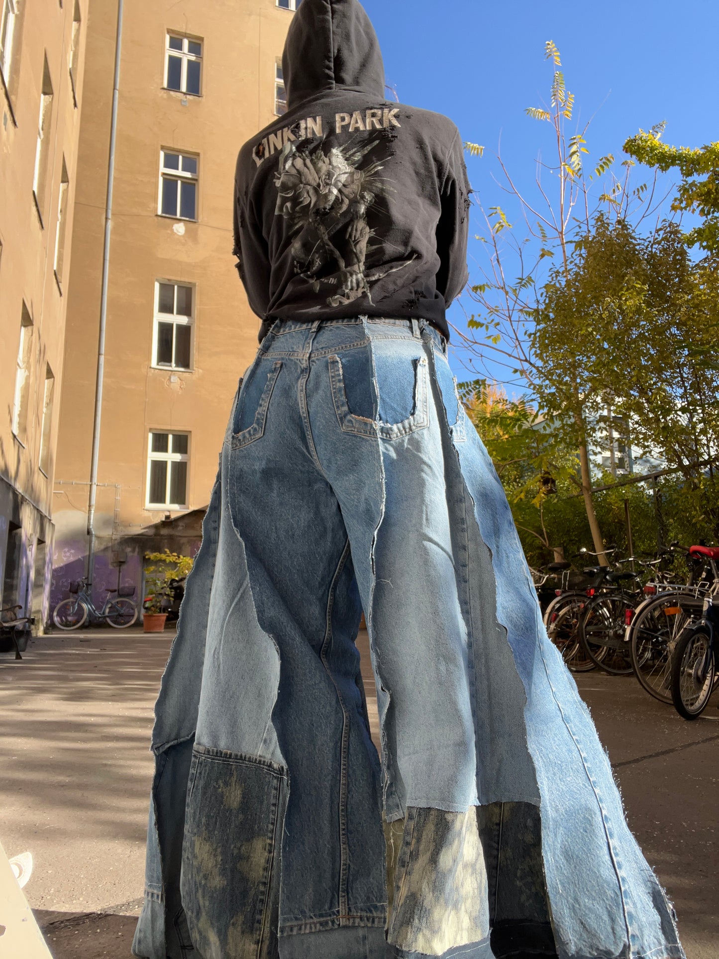 Extra Long Flared Patched Denim SPG Pants