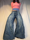 FLARED DISTRESSED BLEACH-STAINED DENIM SPG PANTS