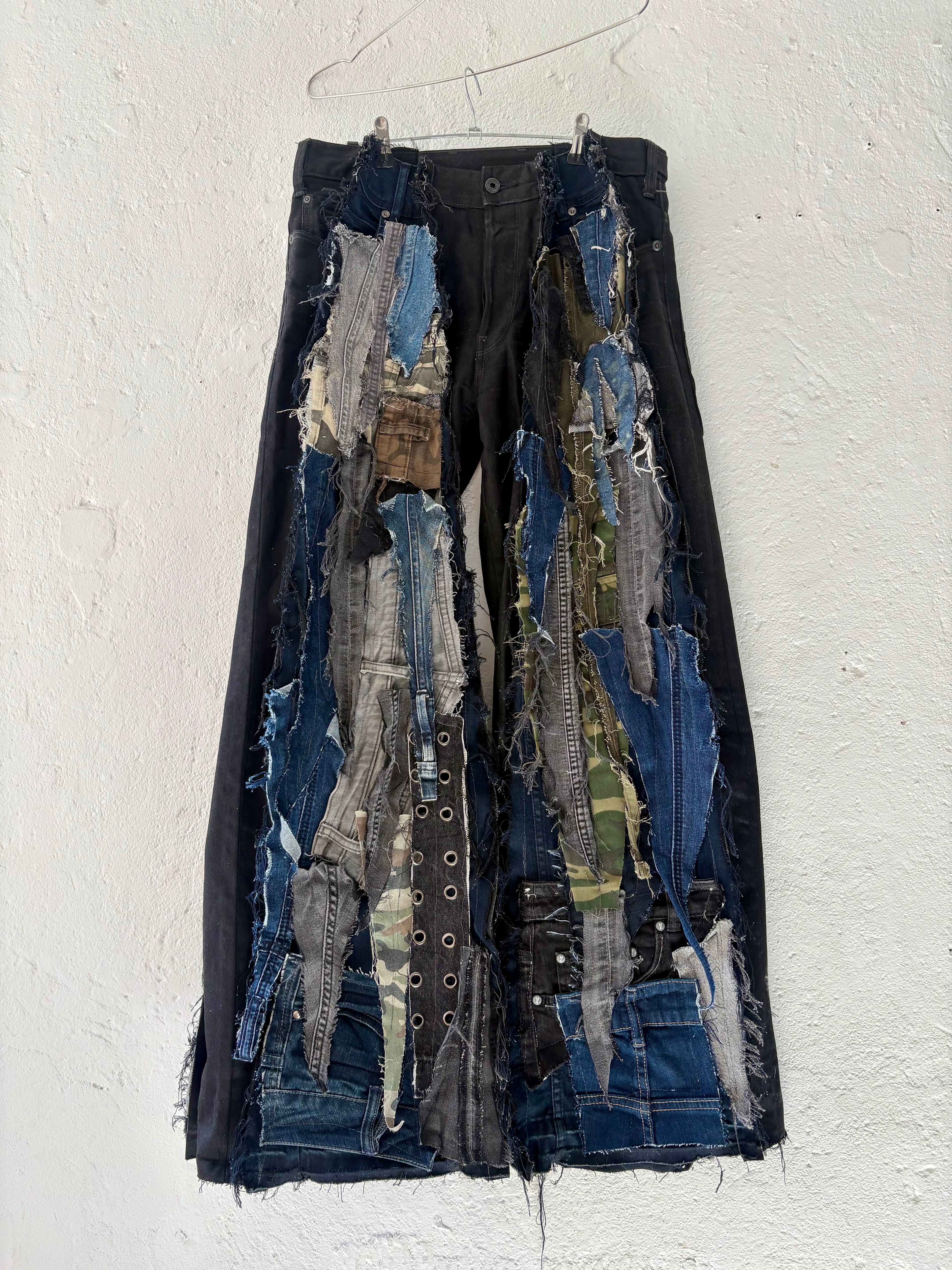 FLARED DARK DENIM PATCHED SCRAP SPG PANTS