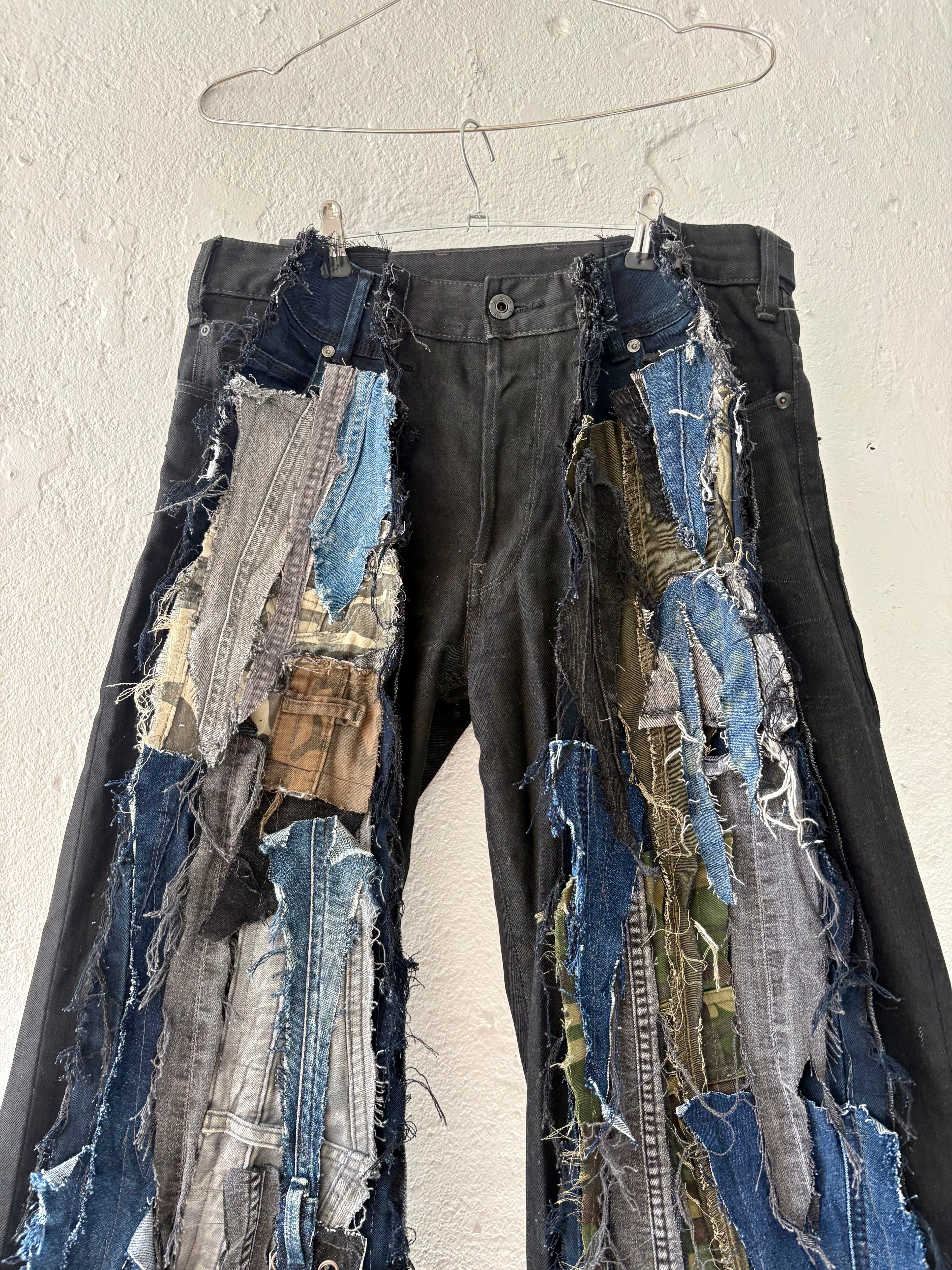 FLARED DARK DENIM PATCHED SCRAP SPG PANTS