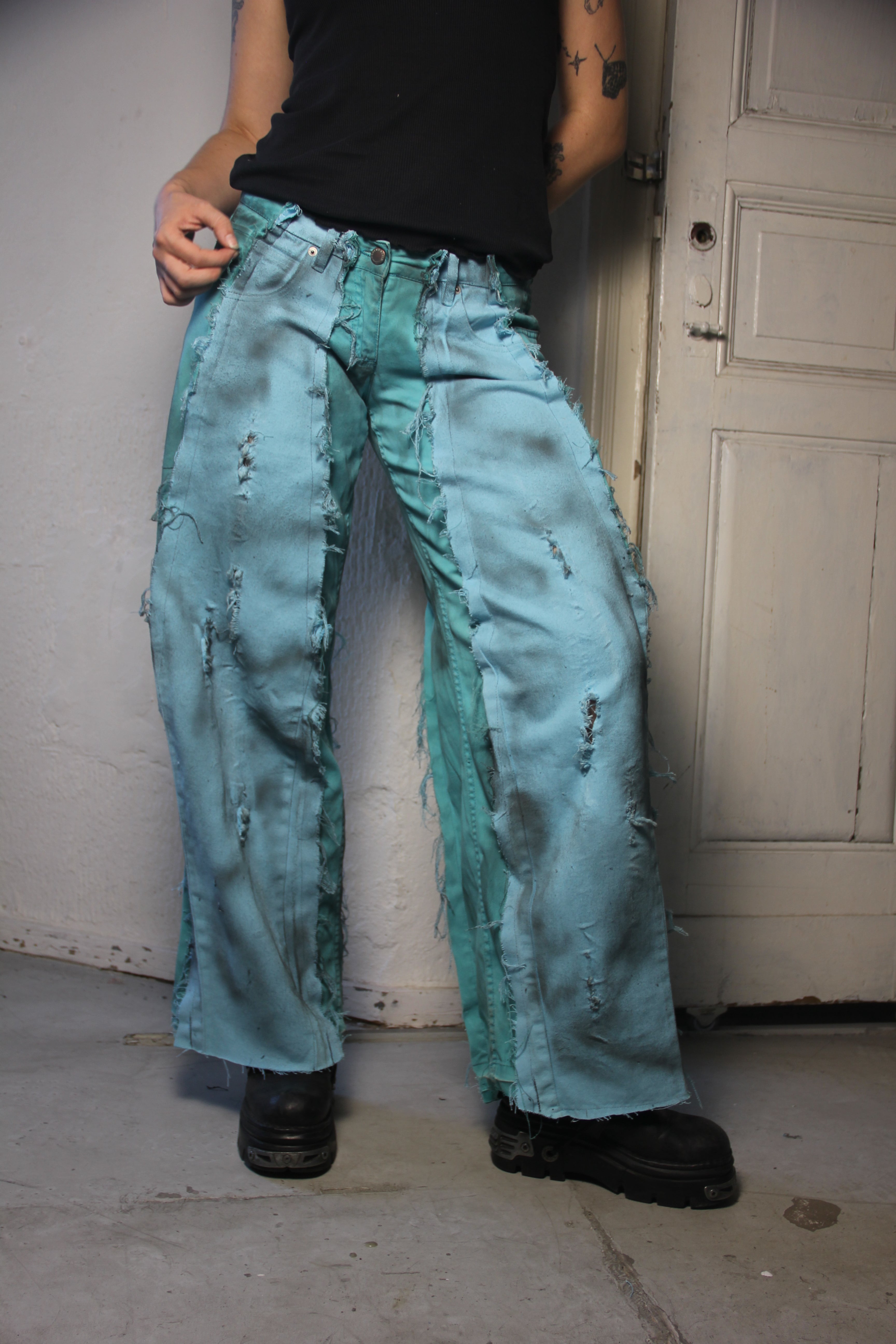 LIMITED EDITION STAINED TURQUOISE BLUE DENIM SPG PANTS