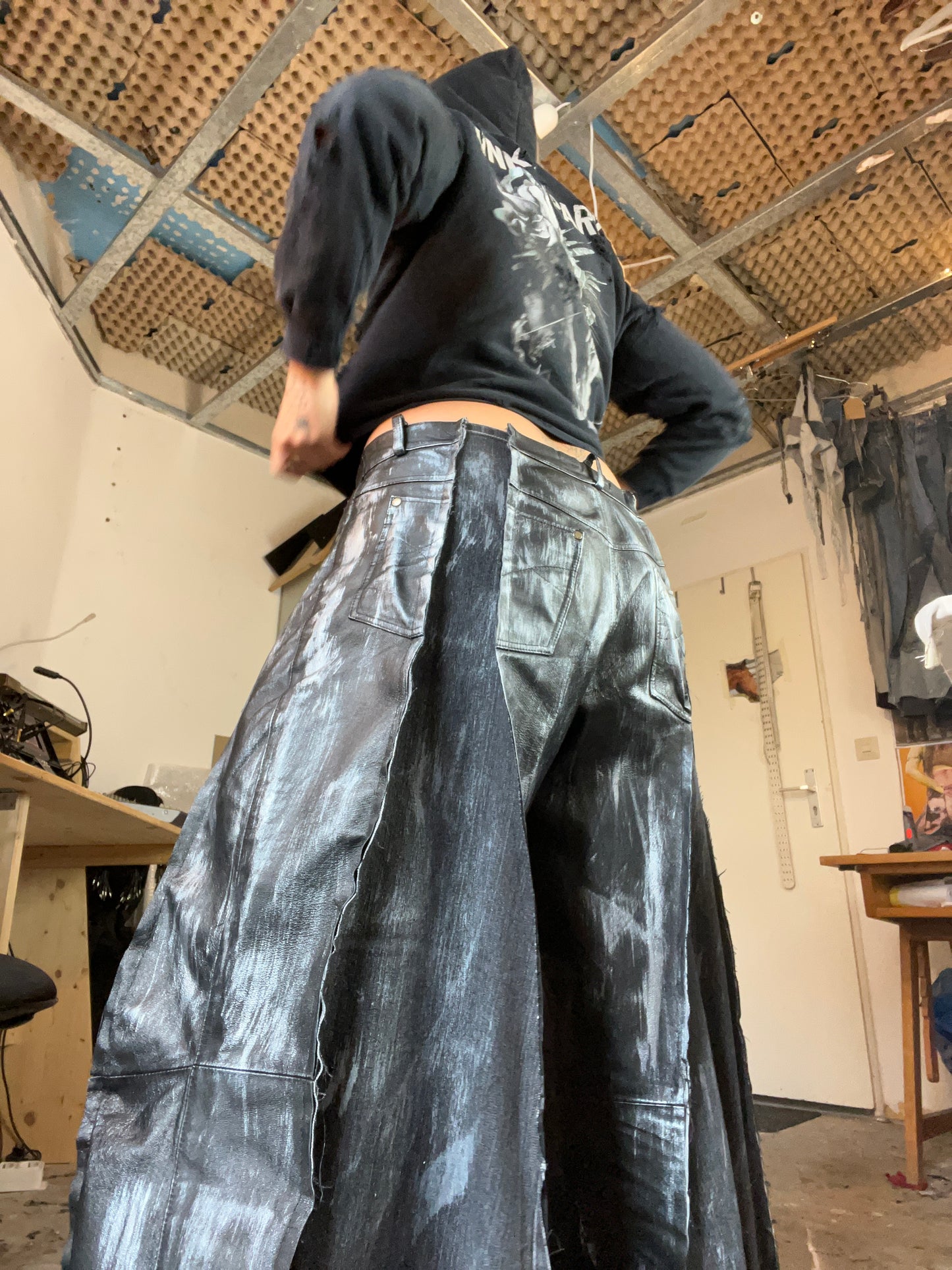 Baggy Black Leather/Denim Silver SPG Pants