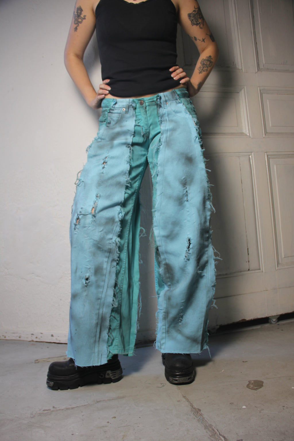 LIMITED EDITION STAINED TURQUOISE BLUE DENIM SPG PANTS