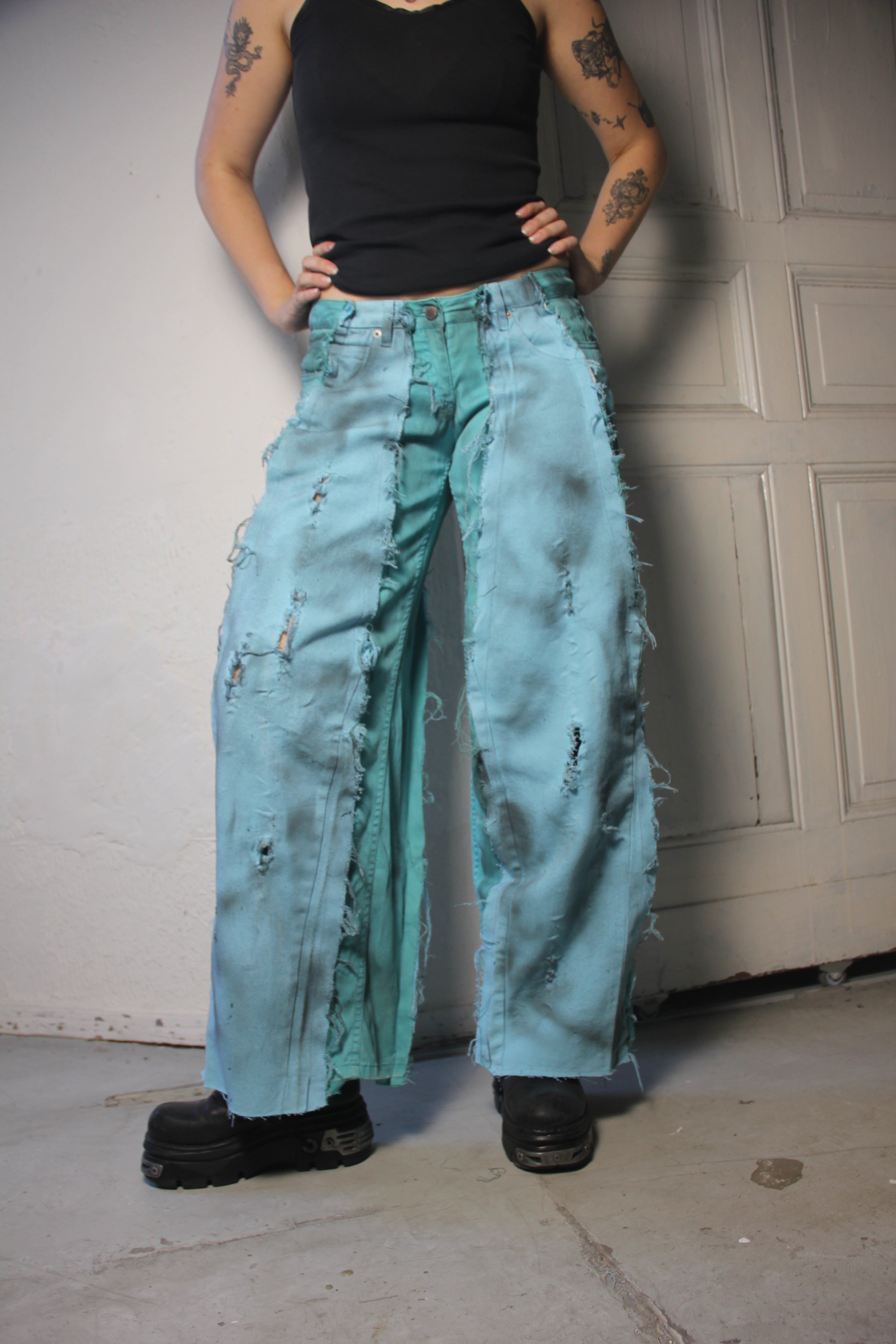 LIMITED EDITION STAINED TURQUOISE BLUE DENIM SPG PANTS