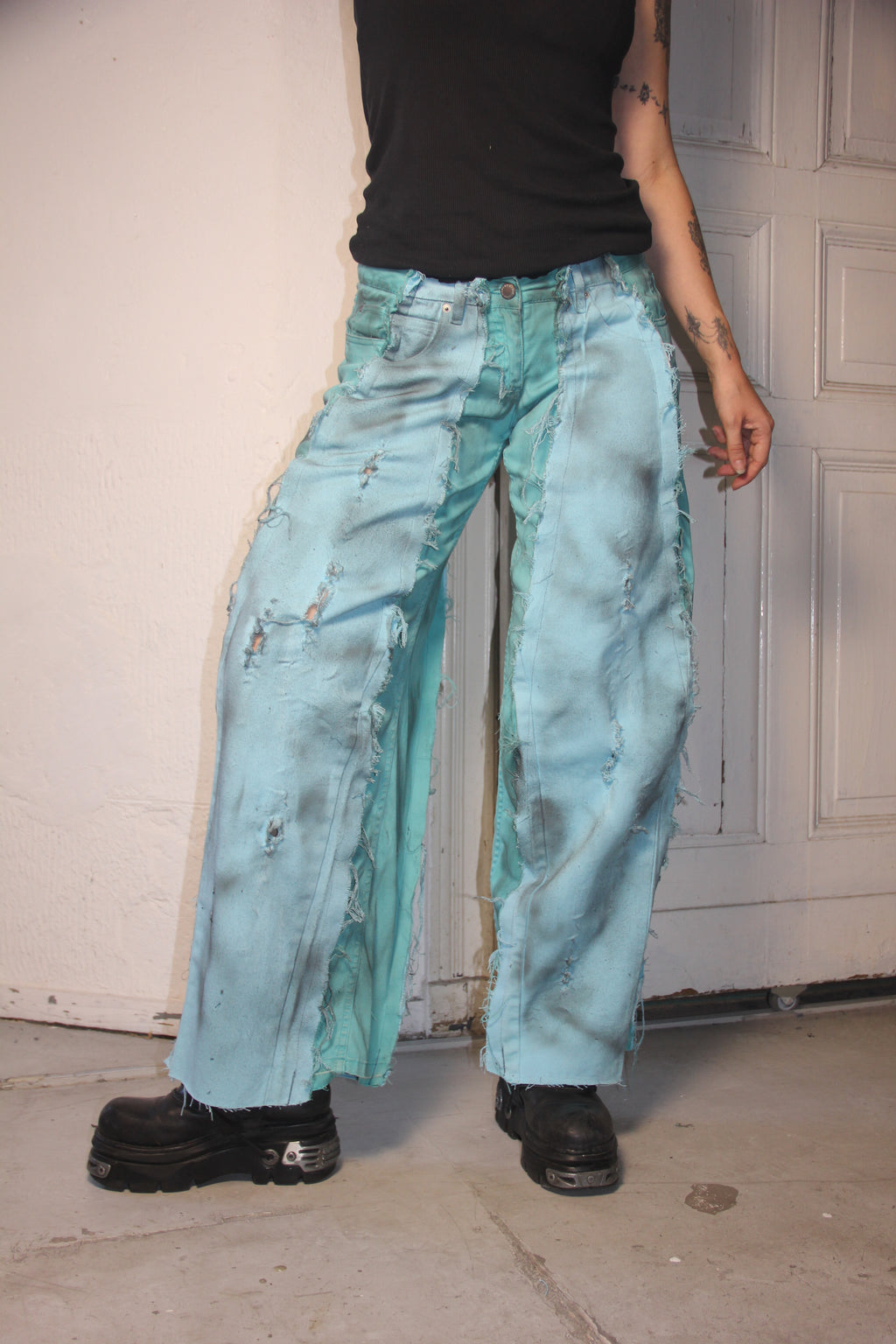LIMITED EDITION STAINED TURQUOISE BLUE DENIM SPG PANTS