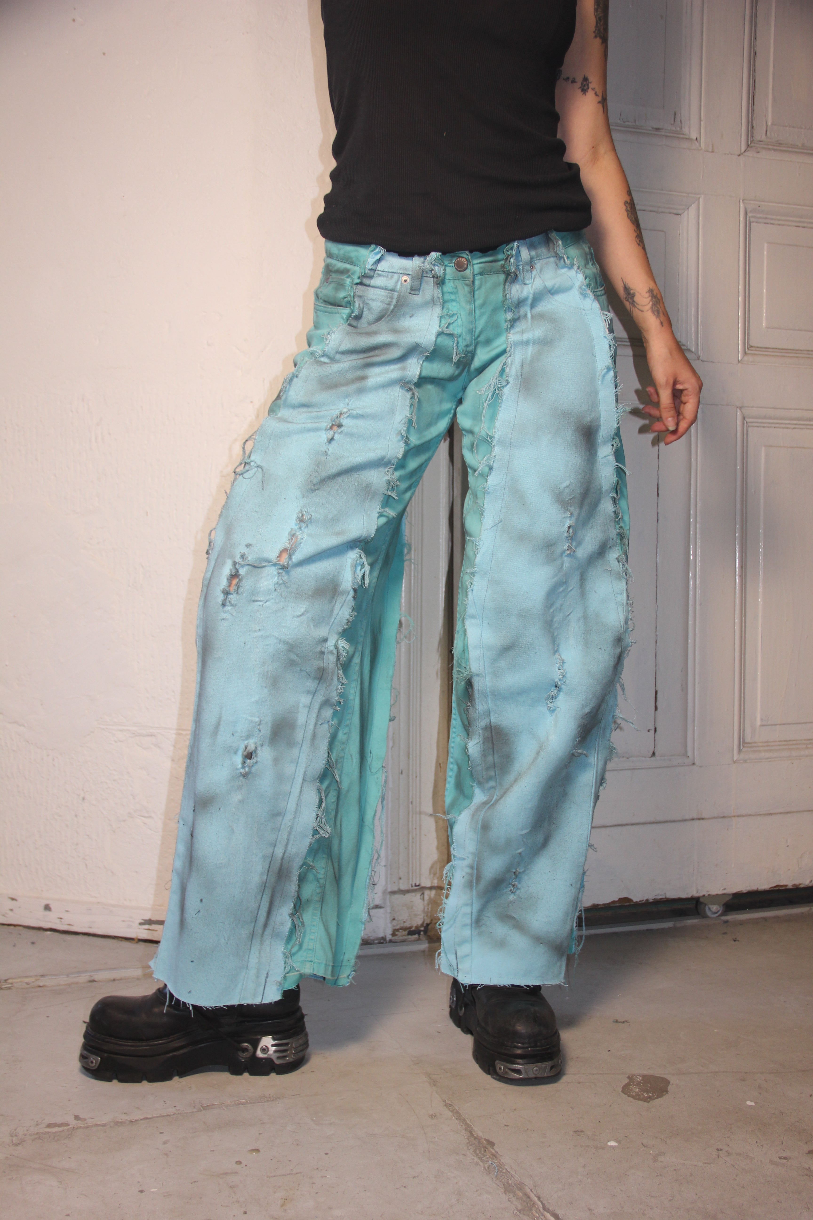 LIMITED EDITION STAINED TURQUOISE BLUE DENIM SPG PANTS