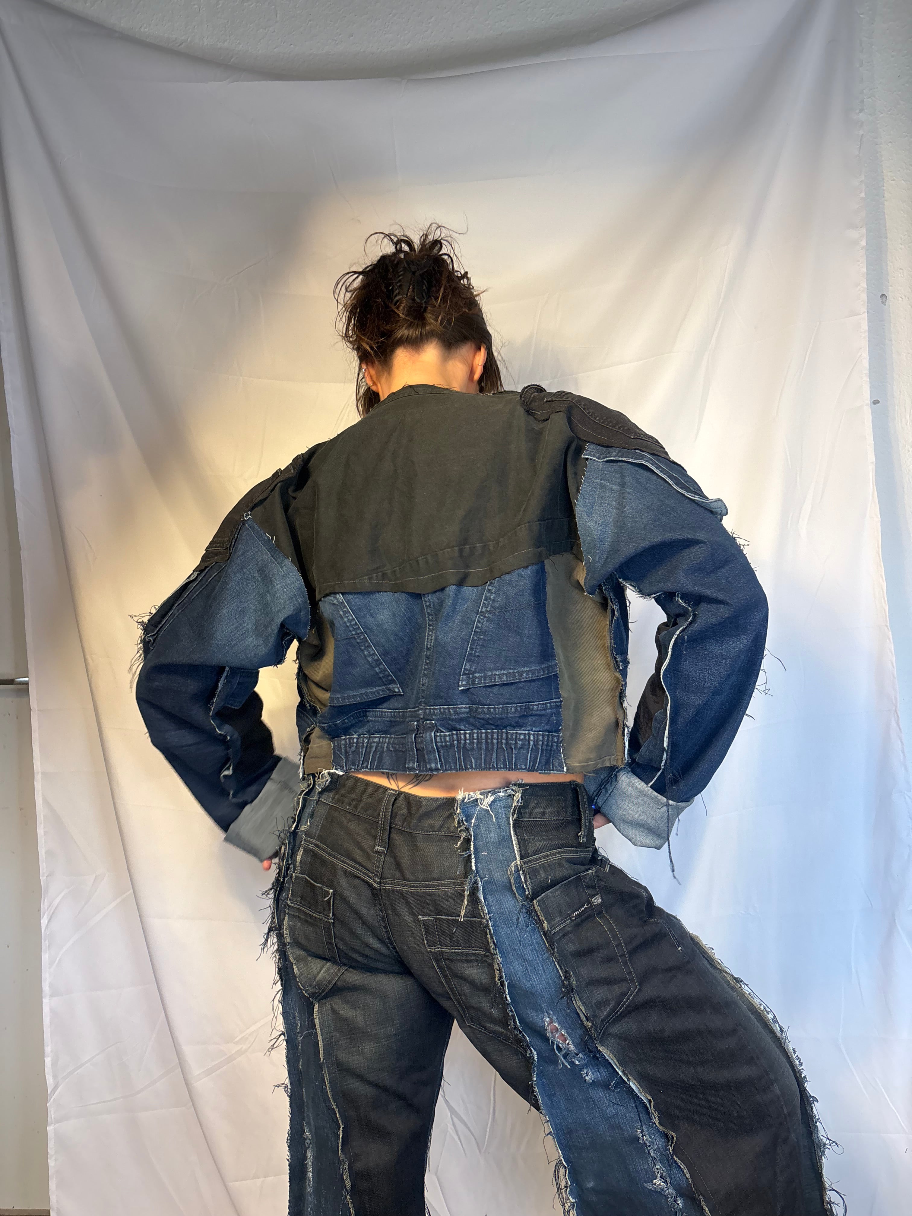 CROPPED BIKER DARK DENIM / BLACK SPG JACKET