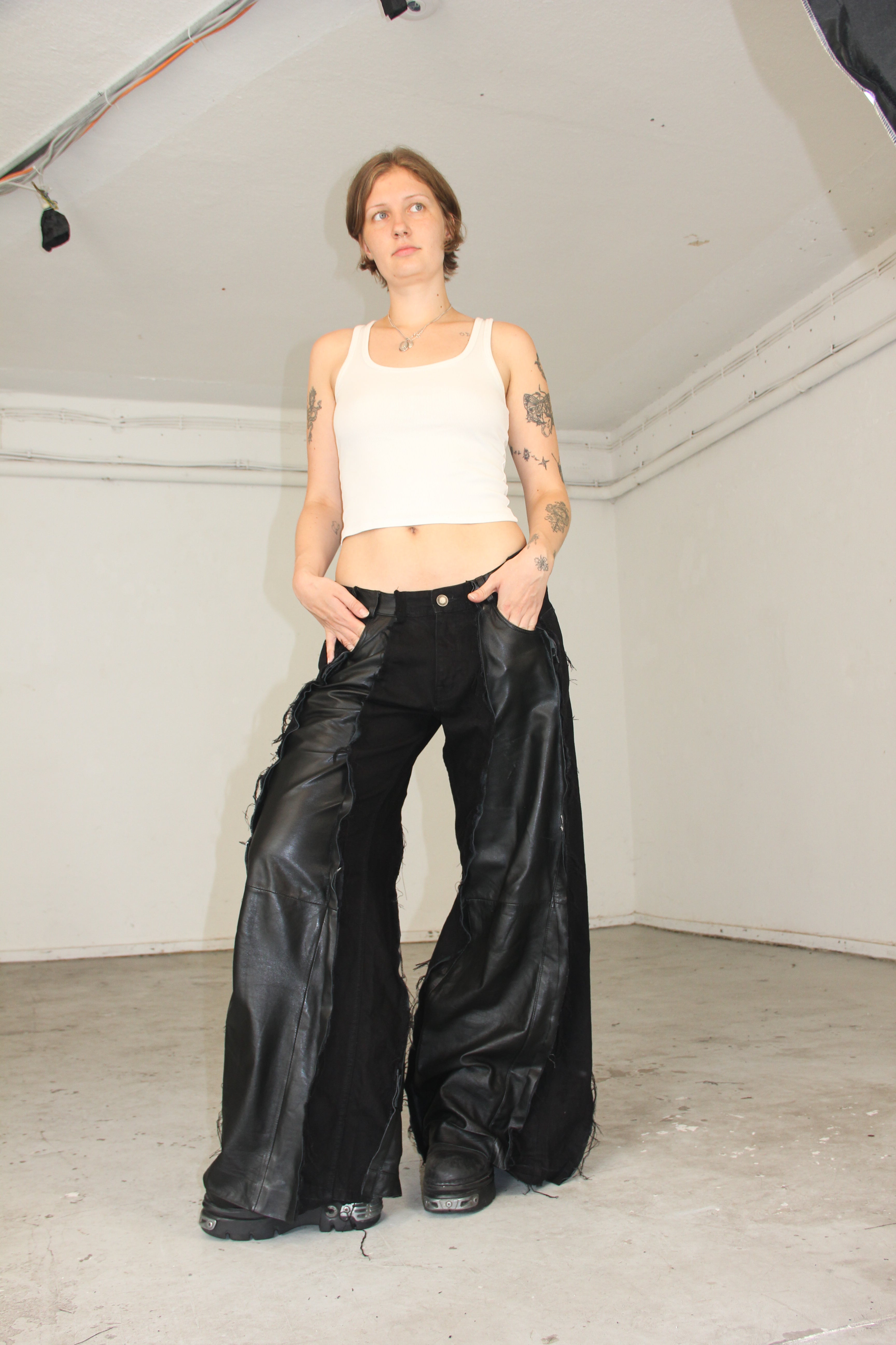 BAGGY BLACK LEATHER/DENIM SPG PANTS