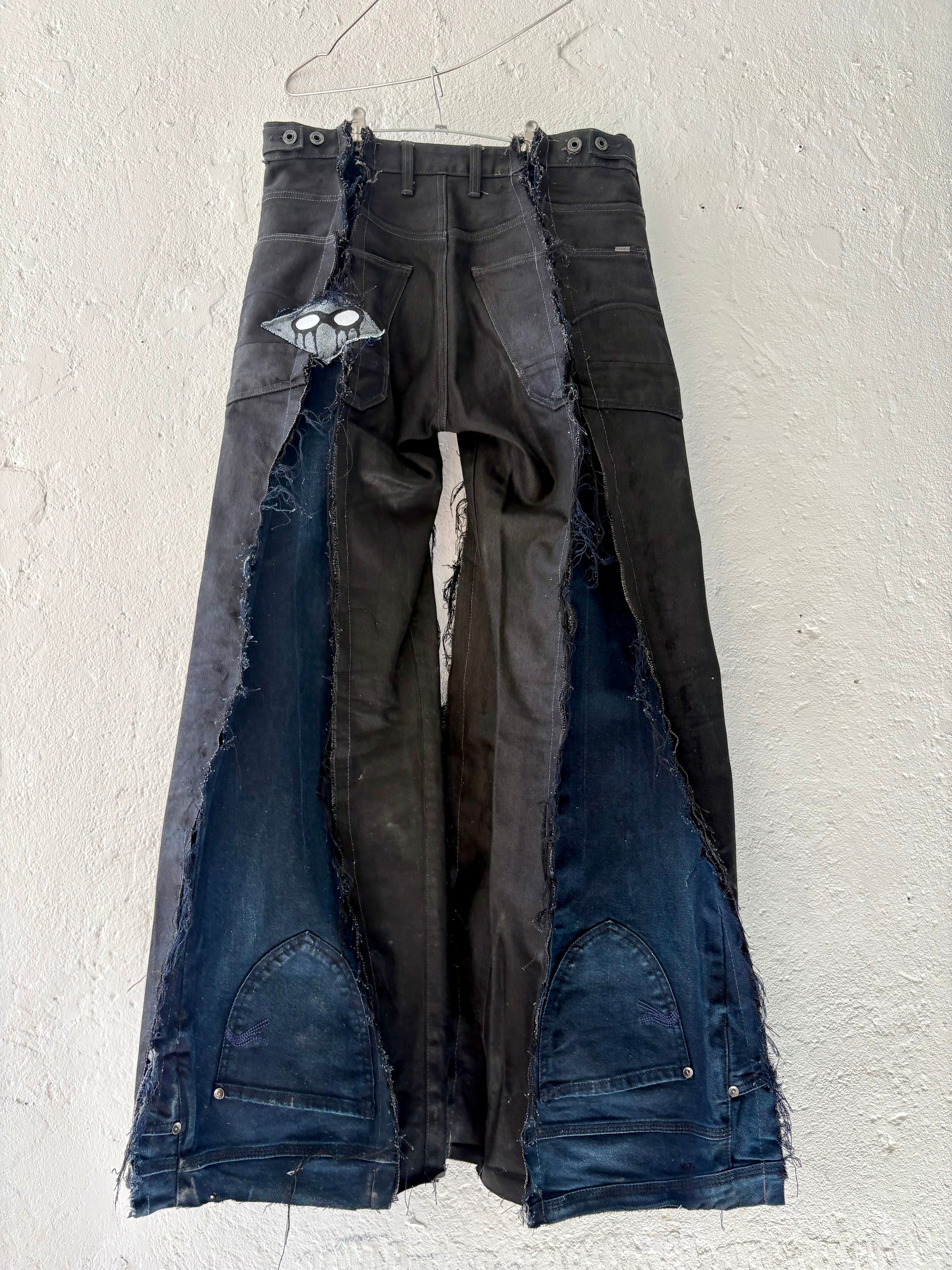 FLARED DARK DENIM PATCHED SCRAP SPG PANTS