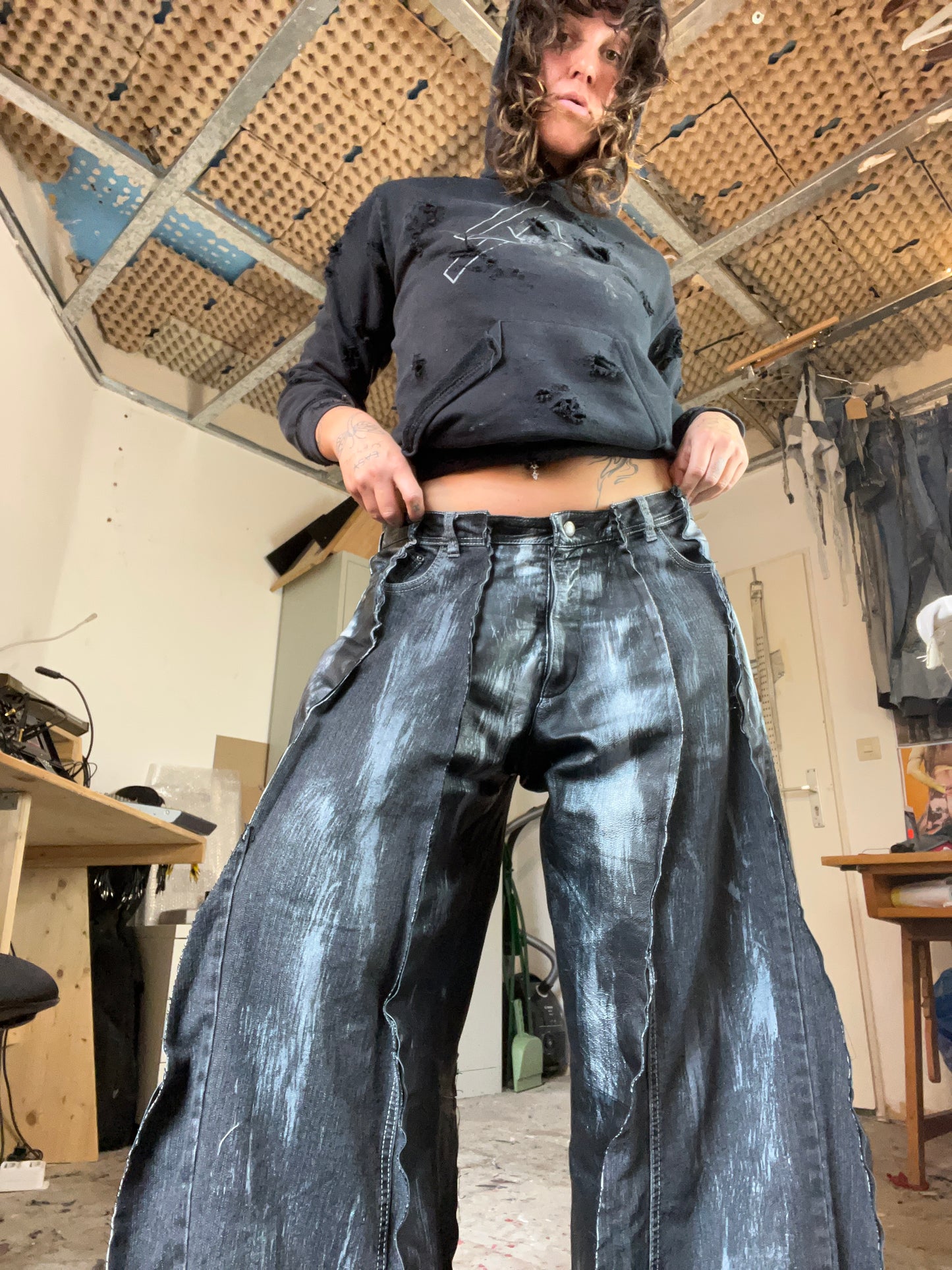 Baggy Black Leather/Denim Silver SPG Pants