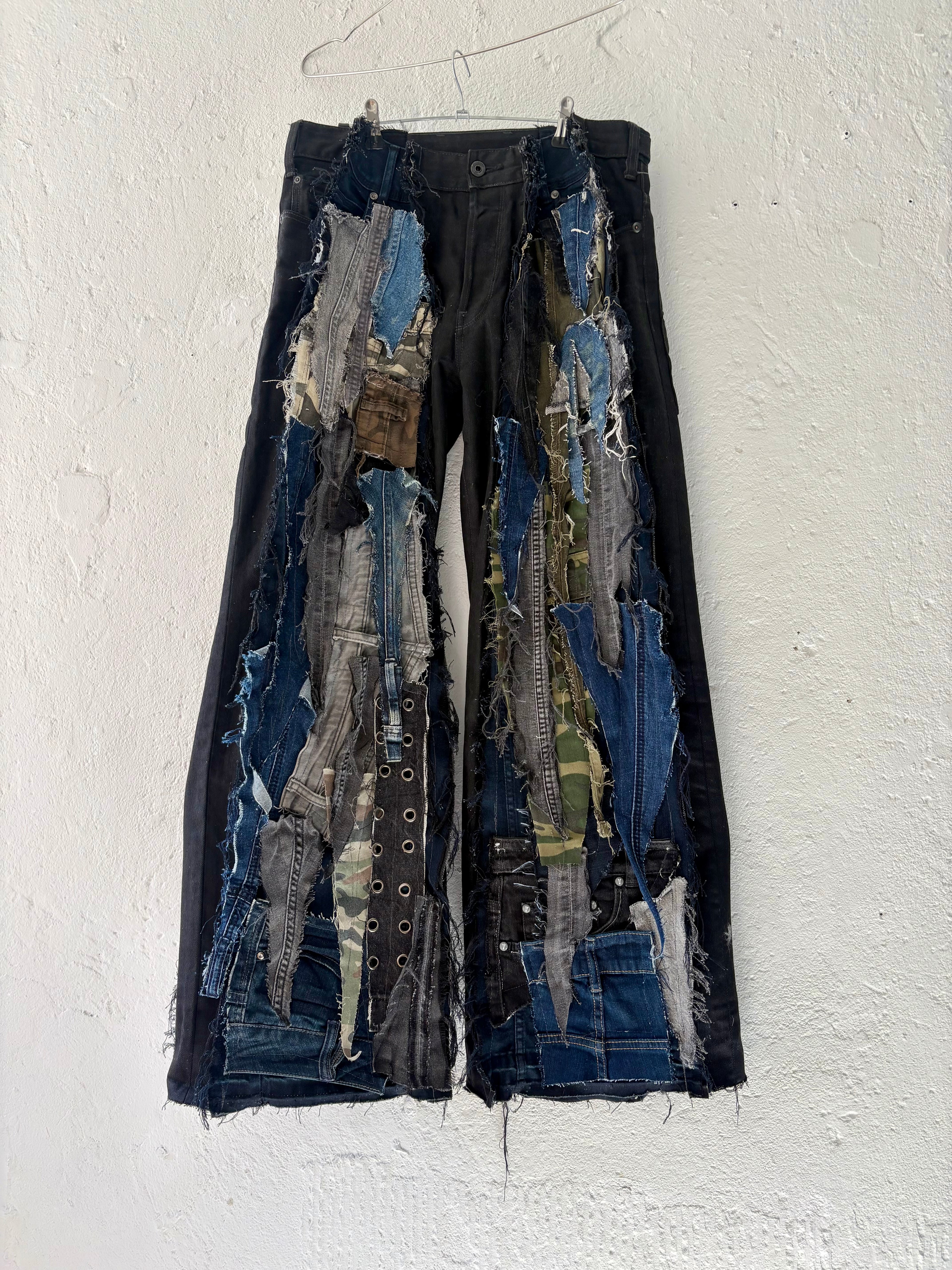 FLARED DARK DENIM PATCHED SCRAP SPG PANTS