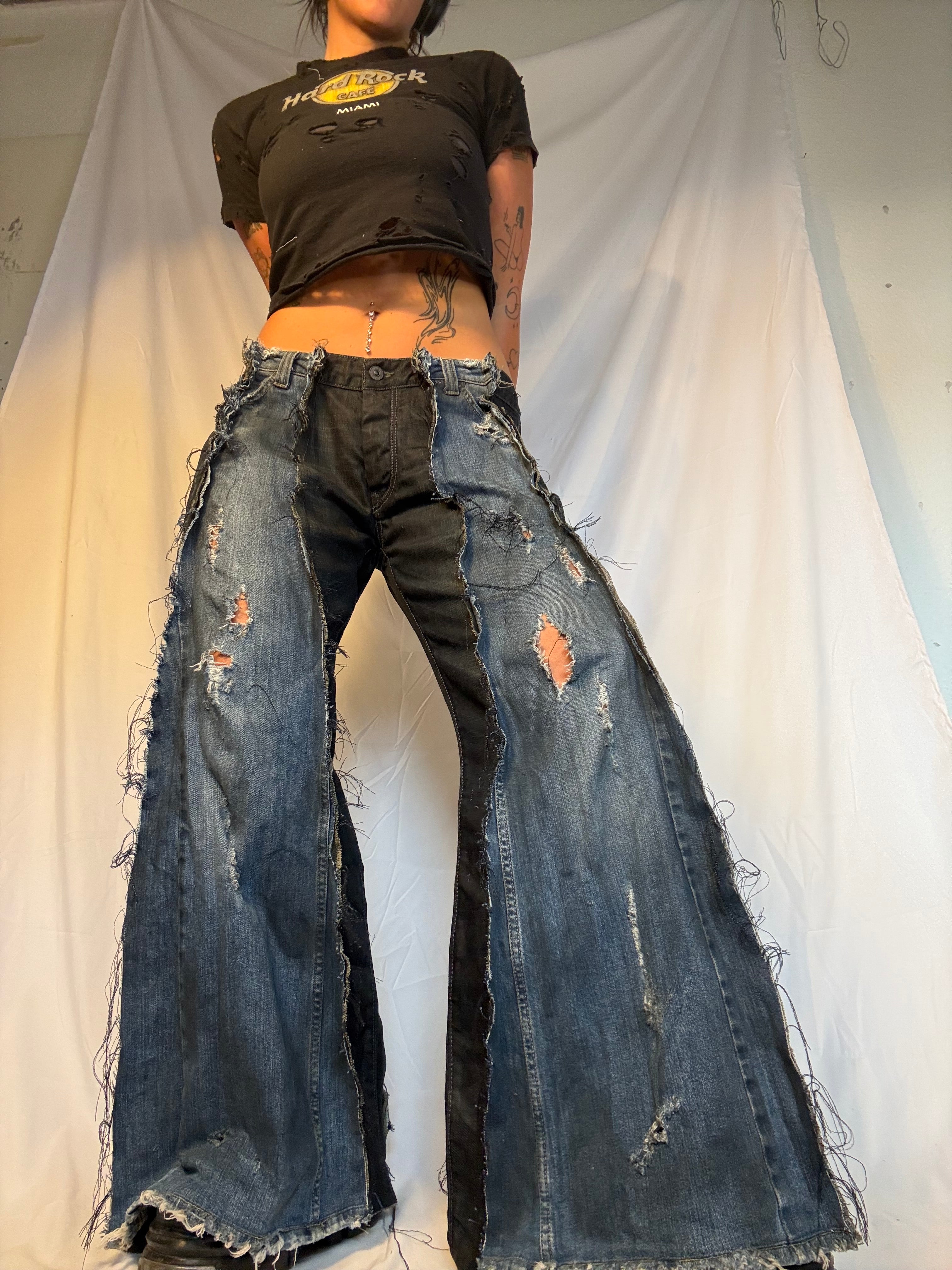 FLARED DISTRESSED DARK DENIM SPG PANTS