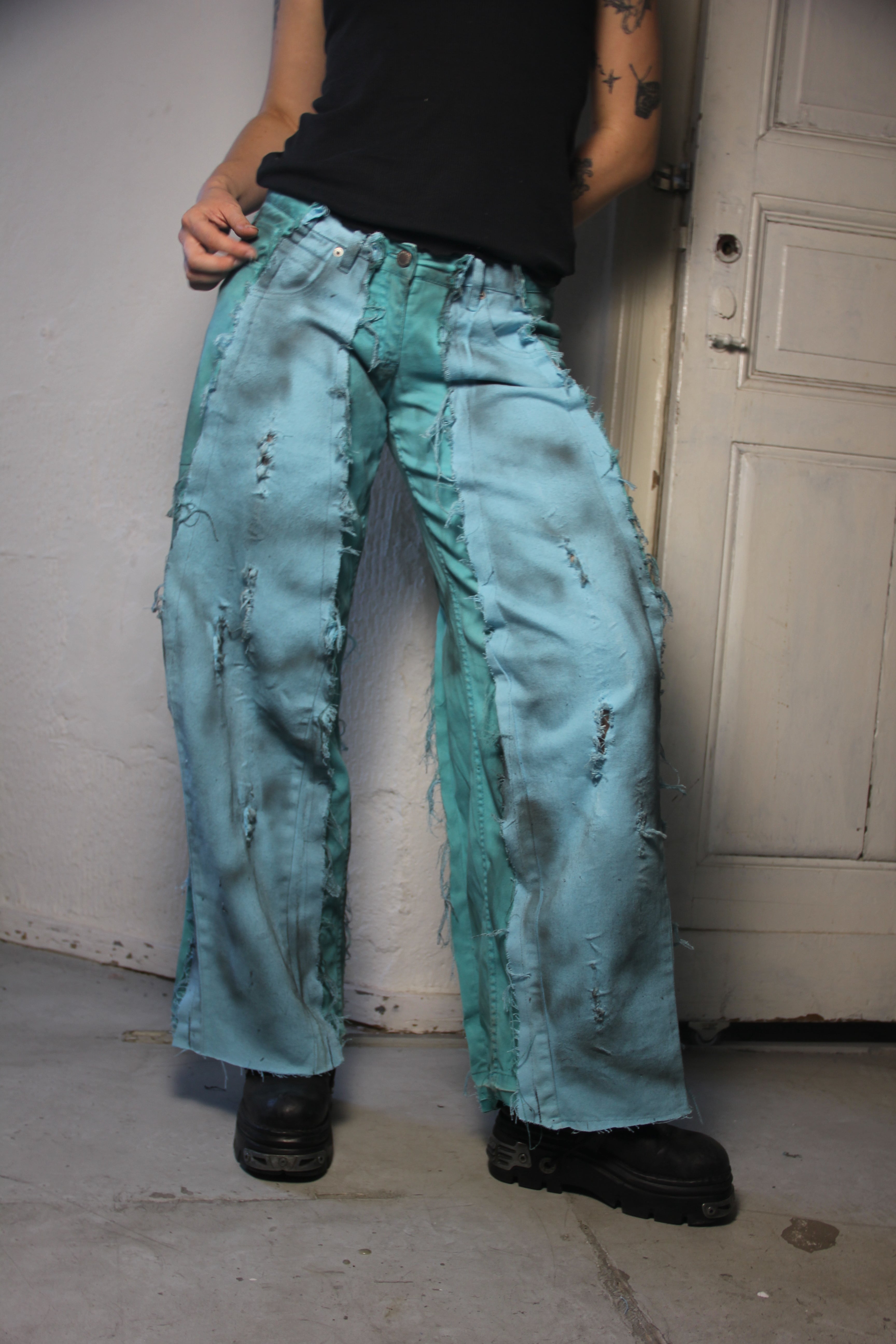 LIMITED EDITION STAINED TURQUOISE BLUE DENIM SPG PANTS