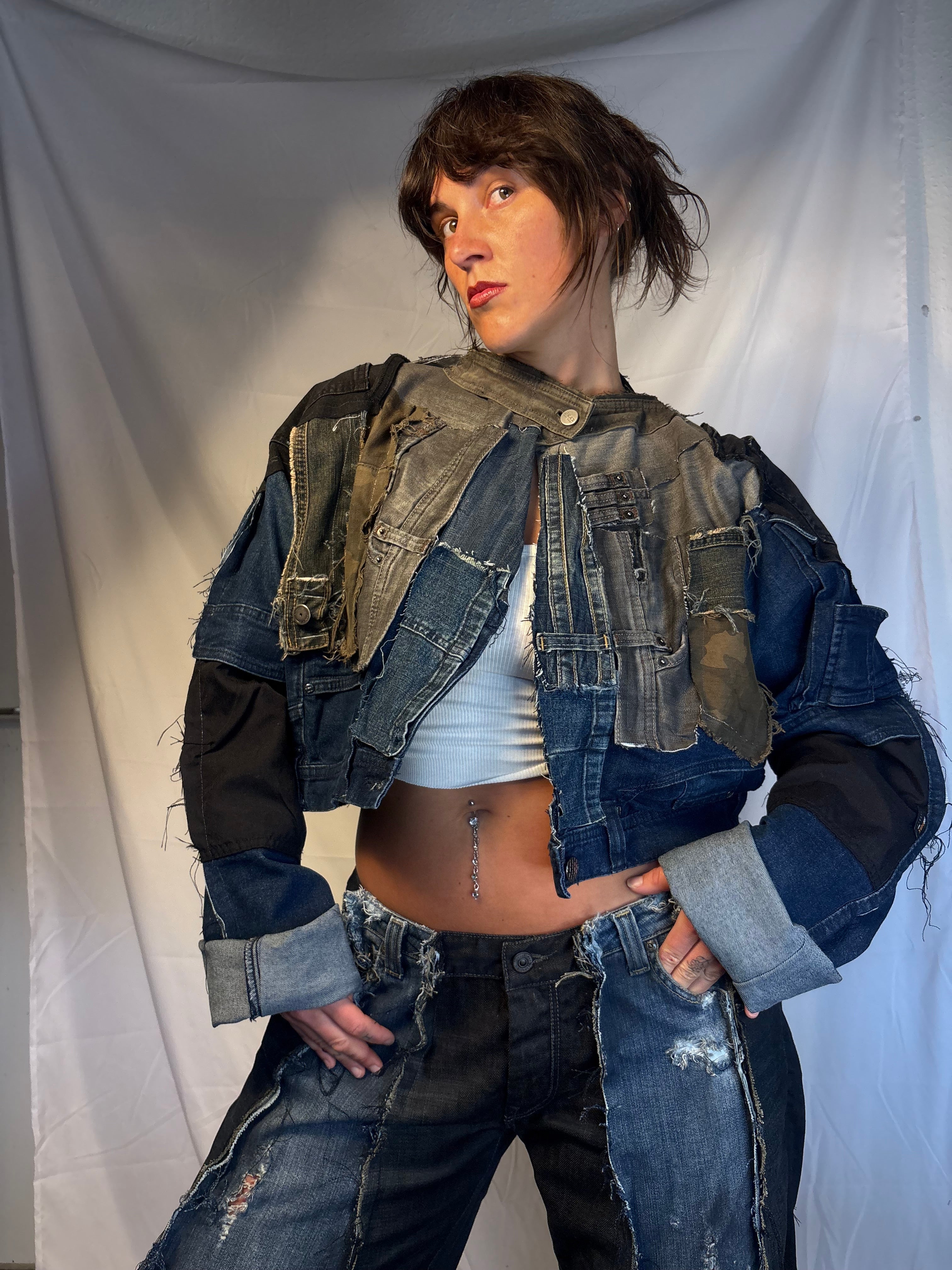 CROPPED BIKER DARK DENIM / BLACK SPG JACKET