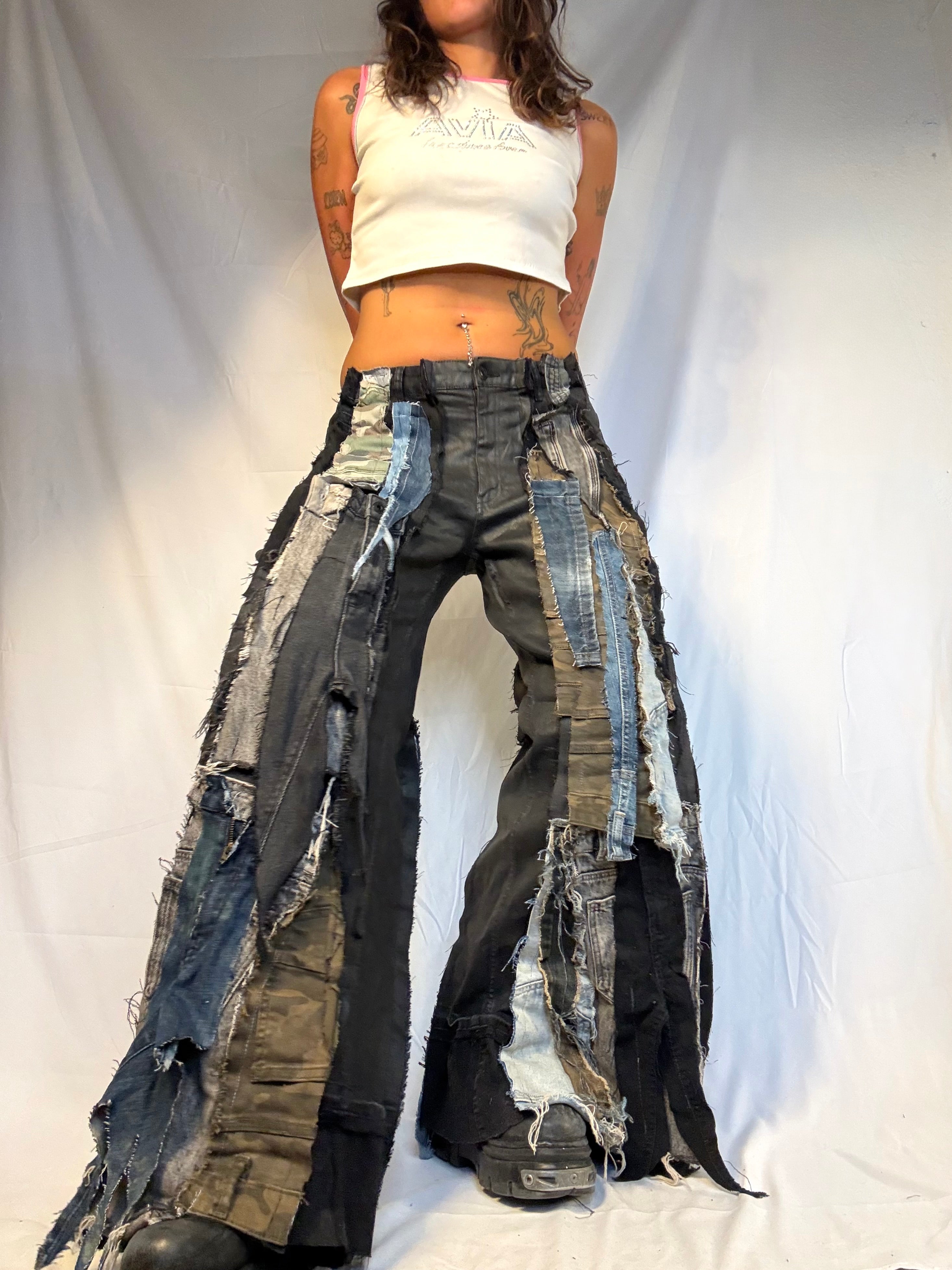FLARED DARK DENIM PATCHED SCRAP SPG PANTS