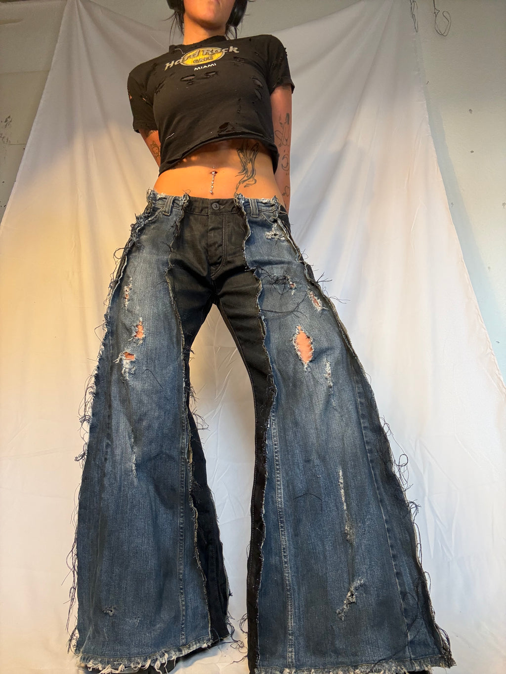 FLARED DISTRESSED DARK DENIM SPG PANTS