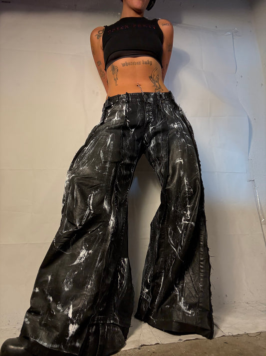 BAGGY STAINED BLACK DENIM/LEATHER SPG PANTS