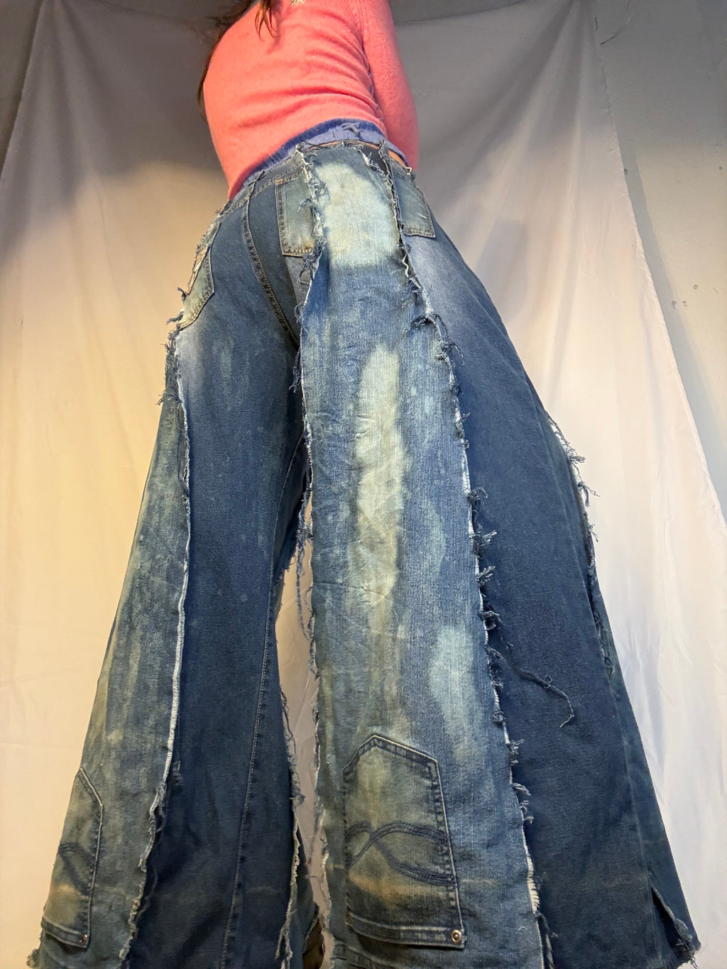 FLARED DISTRESSED BLEACH-STAINED DENIM SPG PANTS