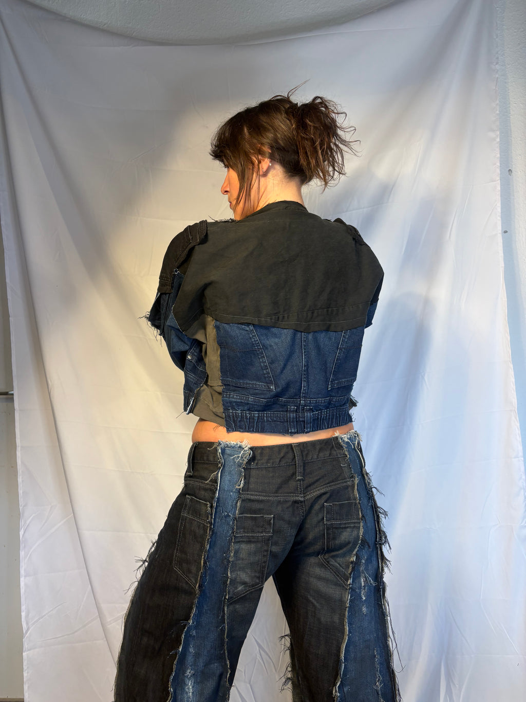 CROPPED BIKER DARK DENIM / BLACK SPG JACKET