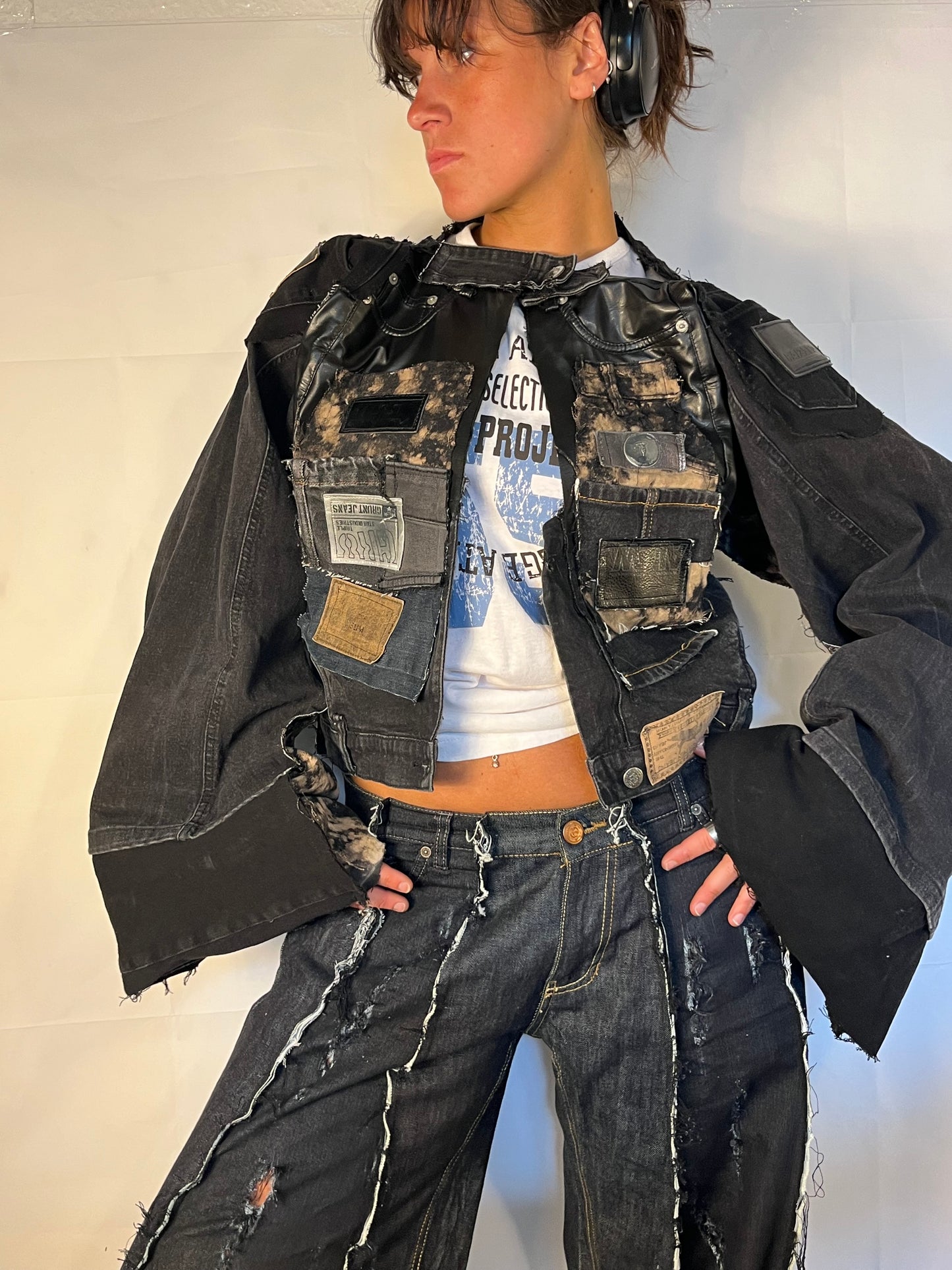 BLACK DENIM BIKER SPG PANTS