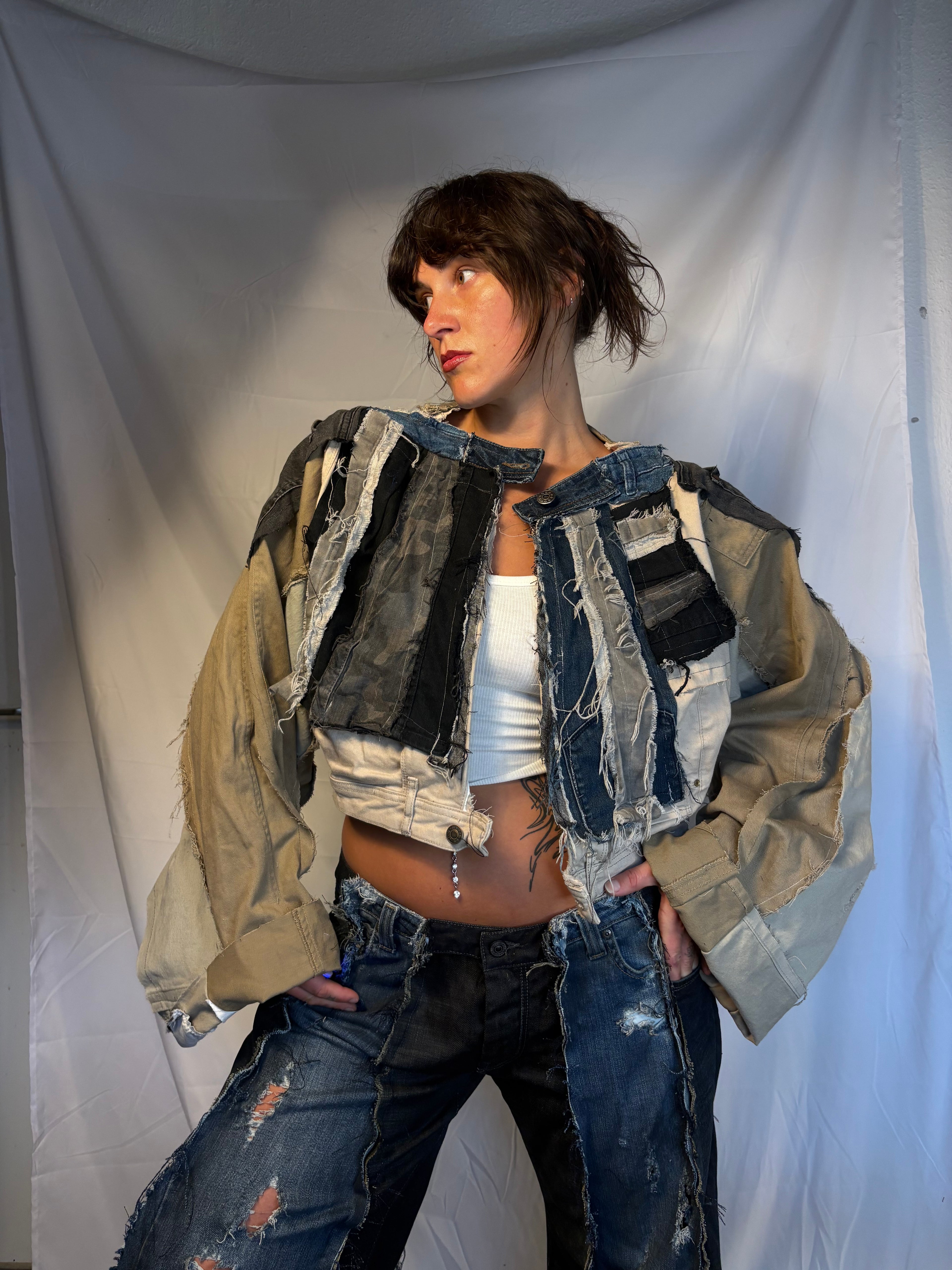 OVERSIZE BIKER DENIM SAND/GREY/BLACK SPG JACKET