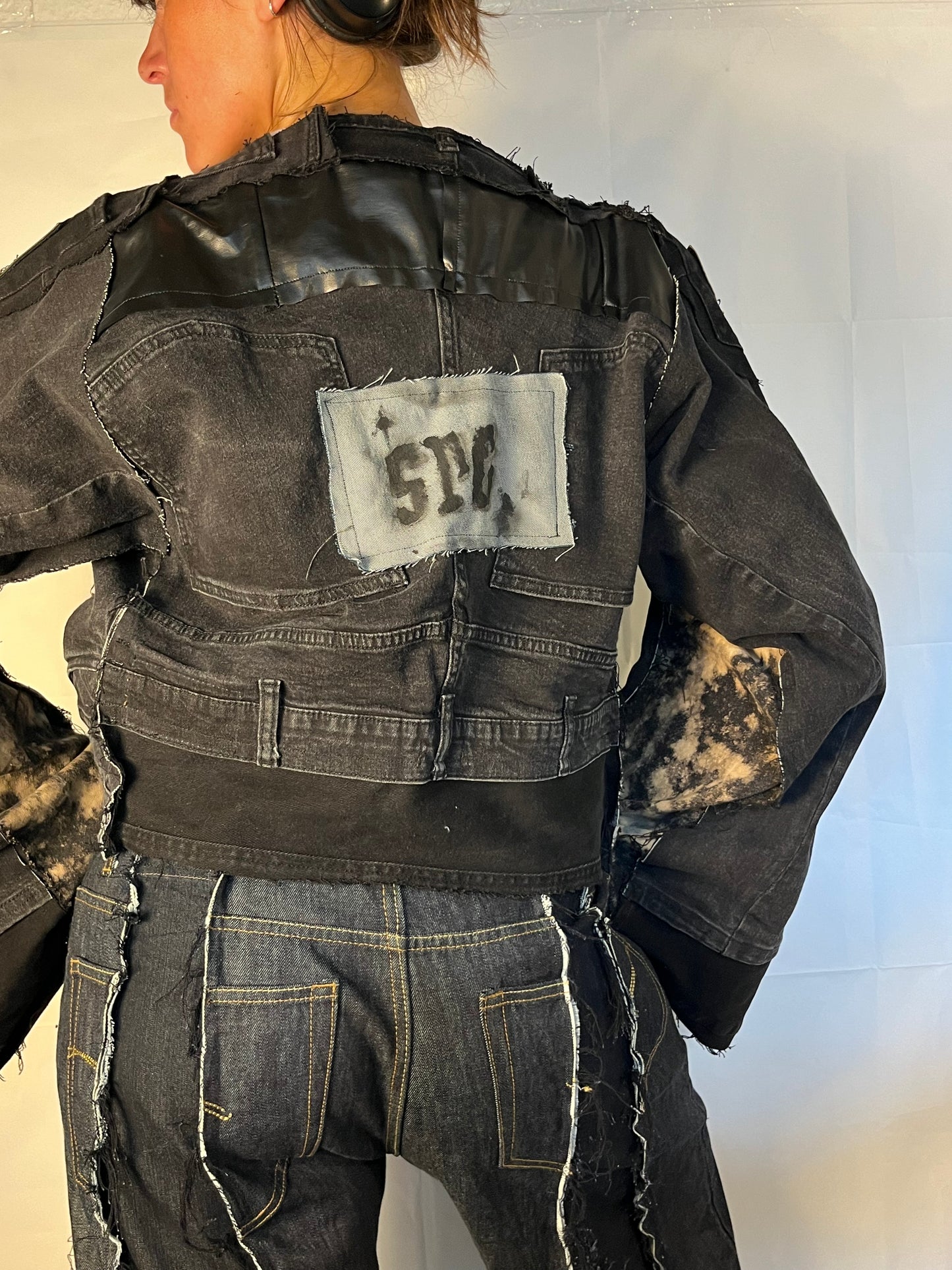 BLACK DENIM BIKER SPG PANTS