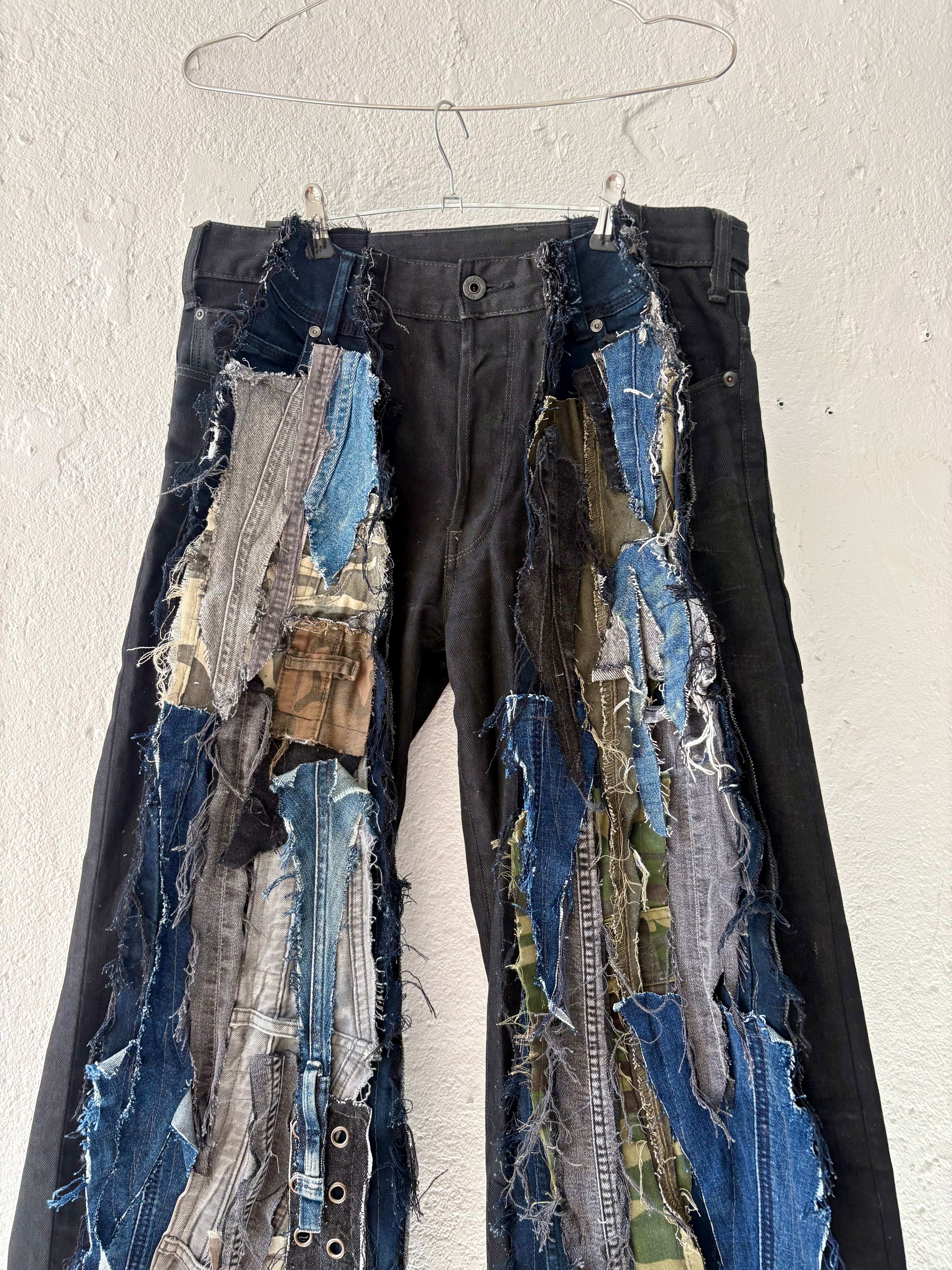 FLARED DARK DENIM PATCHED SCRAP SPG PANTS