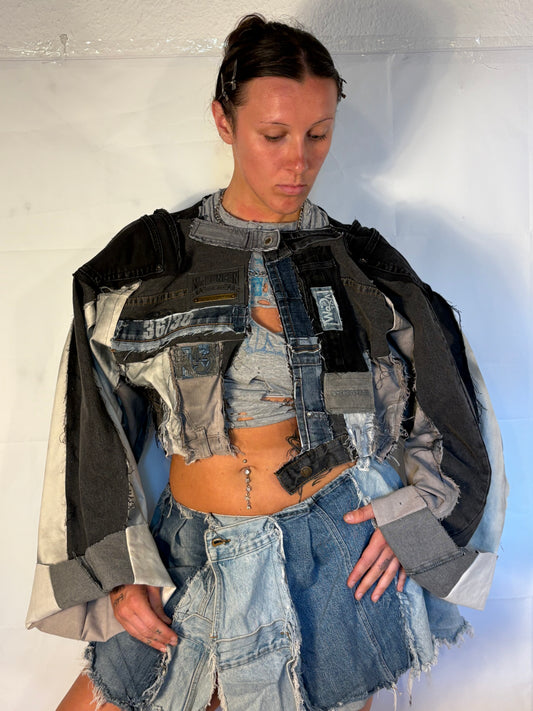 OVERSIZE CROPPED GREY/BLACK BIKER DENIM JACKET