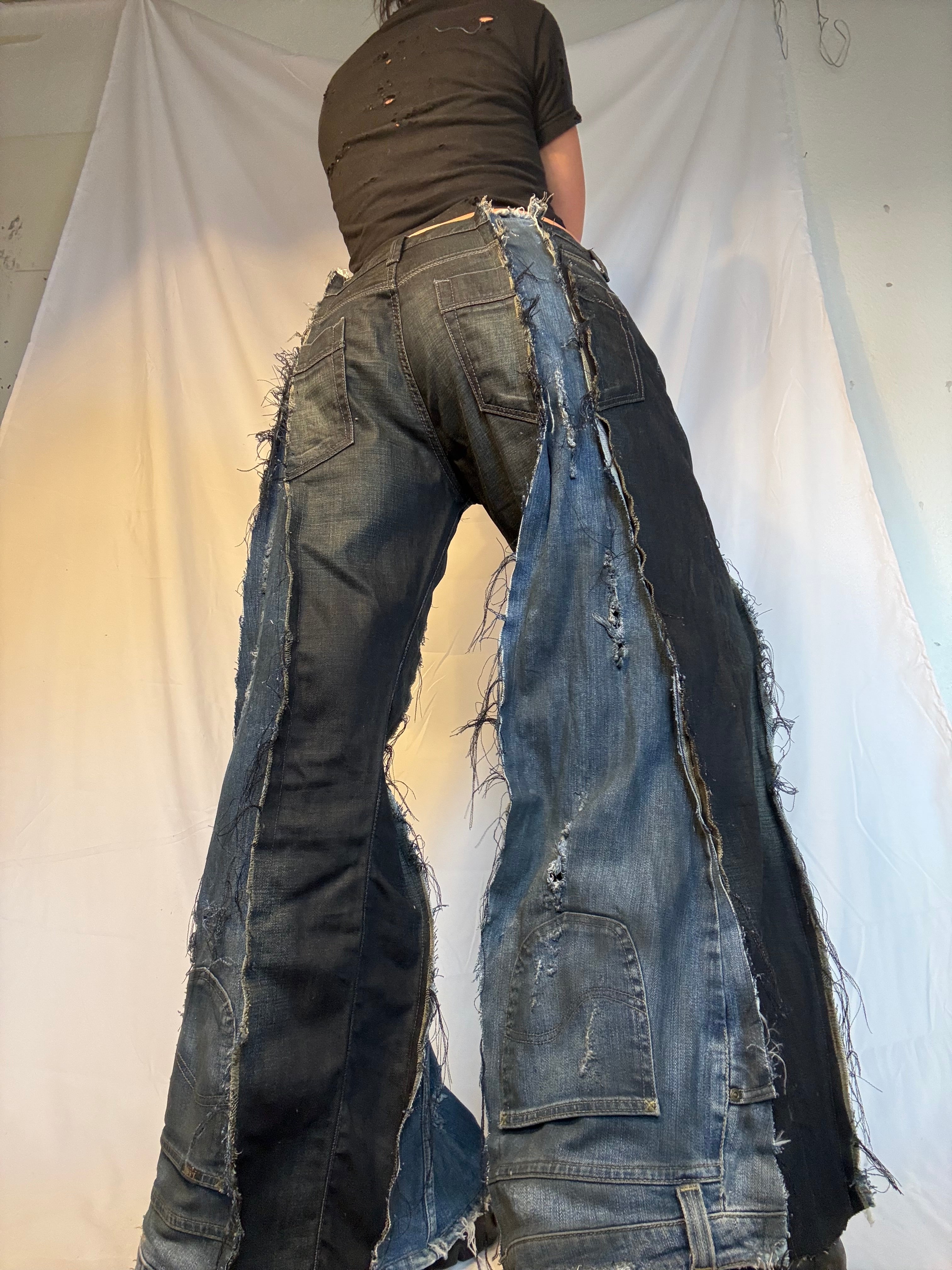 FLARED DISTRESSED DARK DENIM SPG PANTS