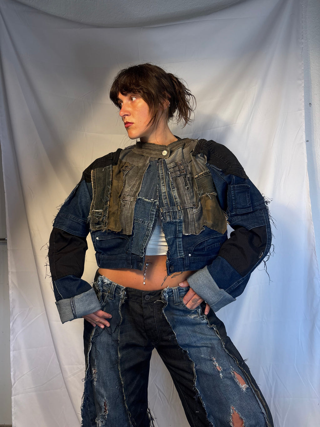 CROPPED BIKER DARK DENIM / BLACK SPG JACKET