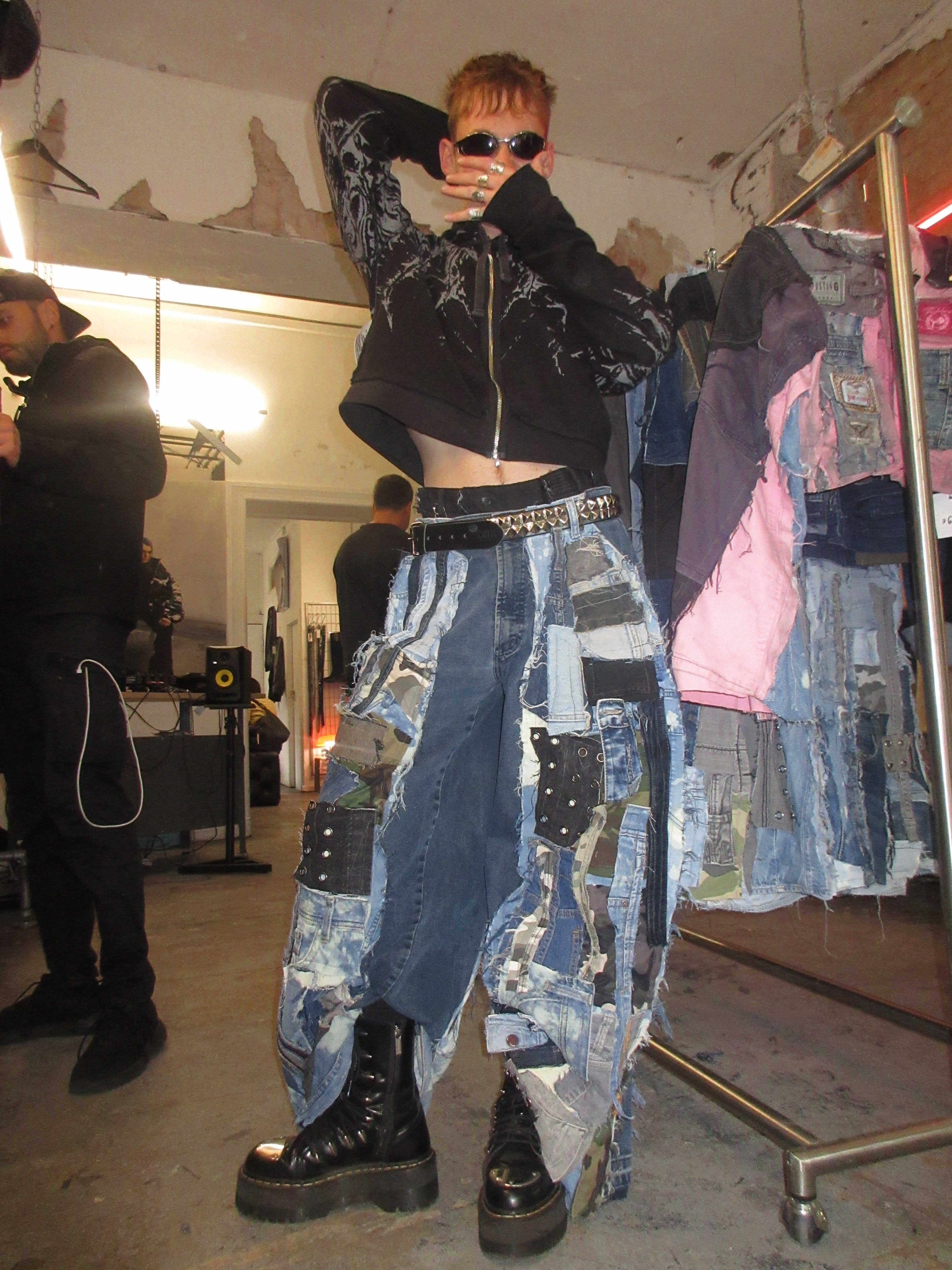SCRAP-PATCHED DARK DENIM SPG PANTS