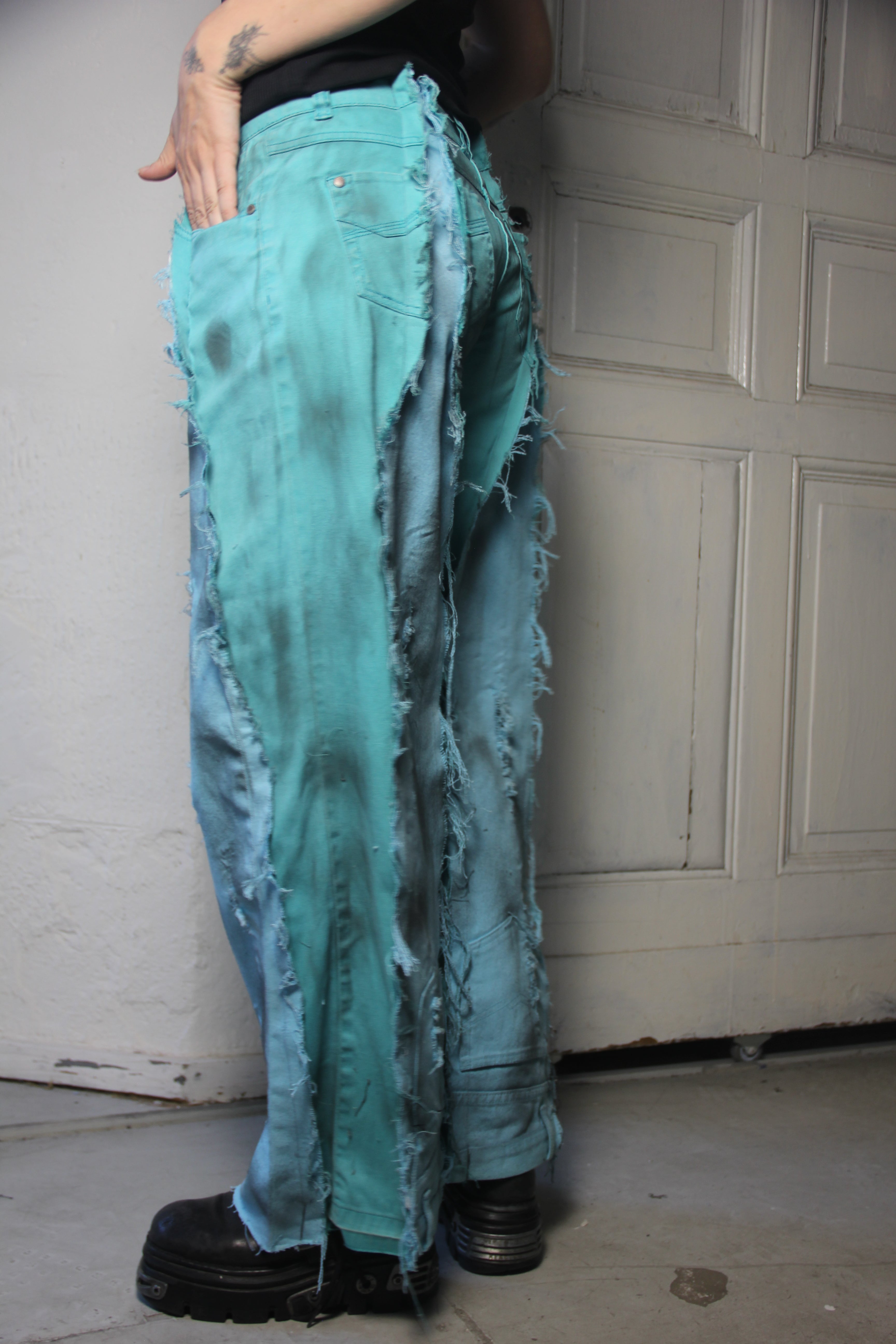 LIMITED EDITION STAINED TURQUOISE BLUE DENIM SPG PANTS